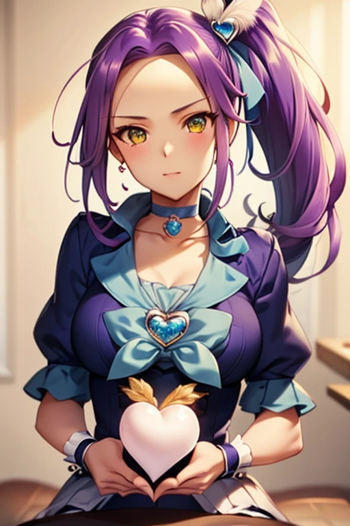 1girl, long hair, purple hair, hair over one eye, solo, purple eyes, cleavage, wavy hair, maid headdress, gloves, corset, apron, frills, <lora:Char_fe-Camilla:0.9> <lora:Outfit_FrenchMaid_KW-soubrette-v1:0.7>, soubrette
