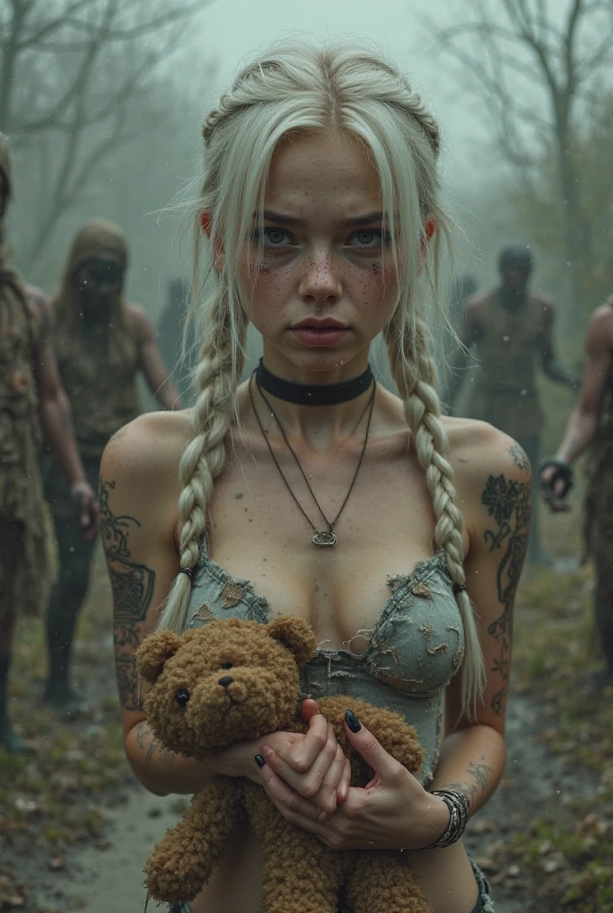 girl small young, white long hair, two braids, small , cute, torn clothes, grunge, Zombie Landscape, without top, wet ,  , no panties, , freckles, Whole body, Face-facing, tears, black nail polish , barefoot, tattooed, teddy bär in der Hand,nacked, 