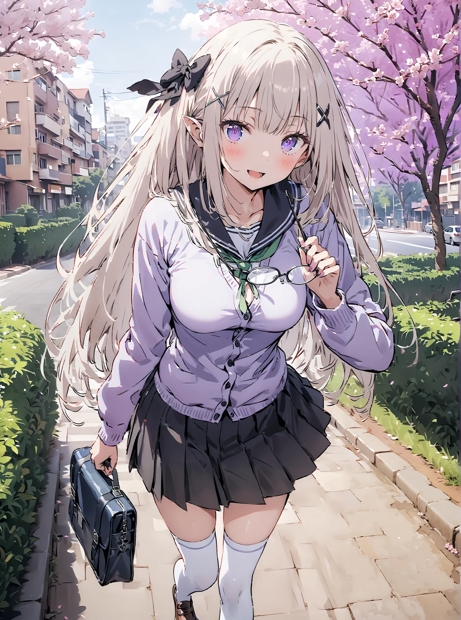 score_9, score_8_up, score_7_up, source_anime, Emilia,Alone, knitting glasses, crown knitting glasses, flower, hair flower, hair ornaments close to the garden, hair bow, long hair, pointed ears,smile,blush,open your mouth, purple eyes, white hair, x hair ornaments close to the garden, big breasts,Black sailor suit,purple cardigan, Long Sleeve, black mini pleated skirt ,white thigh high socks,loafers,School bag,Walking,morning,Beautiful cityscape,cherry blossoms,full bodyがイラストに入るように, break outdoors, residential area,
break looking at viewer,full body,
break (masterpiece:1.2),Best Quality , kampala, Unity 8K Wallpaper ,(shape:0.8),( fine, beautiful eyes :1.6),It's a person ,full body写真,CG Details , (perfect hands, complete anatomy),,