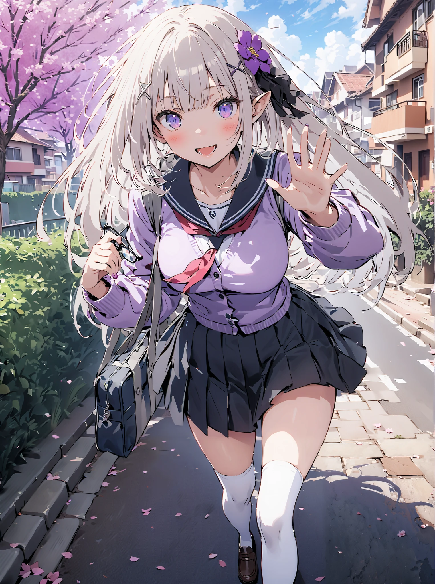 score_9, score_8_up, score_7_up, source_anime, Emilia,Alone, knitting glasses, crown knitting glasses, flower, hair flower, hair ornaments close to the garden, hair bow, long hair, pointed ears,smile,blush,open your mouth, purple eyes, white hair, x hair ornaments close to the garden, big breasts,Black sailor suit,purple cardigan, Long Sleeve, black mini pleated skirt ,white thigh high socks,loafers,School bag,Walking,morning,Beautiful cityscape,cherry blossoms,full bodyがイラストに入るように, break outdoors, residential area,
break looking at viewer,full body,
break (masterpiece:1.2),Best Quality , kampala, Unity 8K Wallpaper ,(shape:0.8),( fine, beautiful eyes :1.6),It's a person ,full body写真,CG Details , (perfect hands, complete anatomy),,