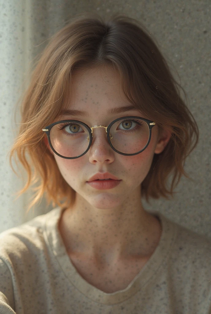 create an ultra-detailed image of a woman with short wavy red hair, skin fair, green eyes and wearing glasses, fully body, use watercolor to color