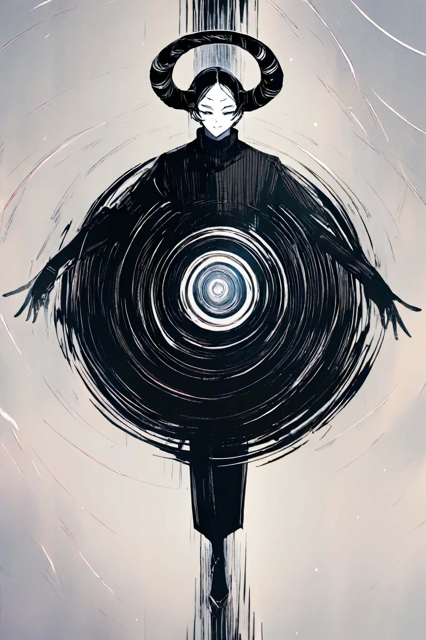 appearance:
A being of humanoid size, with dark and shiny skin like obsidian.
His eyes are concentric circles that rotate slowly, reflecting the faces of those caught in his influence.
Spiral horns that constantly lengthen and shrink, as if they were trapped in an infinite loop.
He wears a long coat that seems to change shape every time someone blinks.
His hands have multiple fingers that appear and disappear, always on the move .