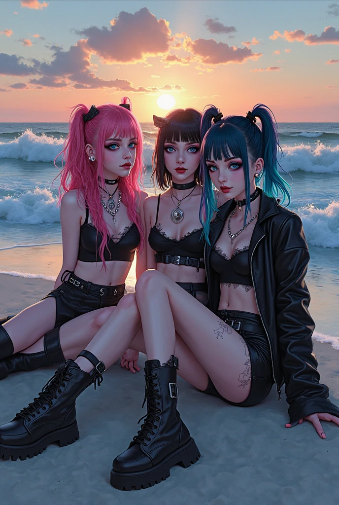 Purple hair , American , Sexy , Slim , Fit , Ass cheeks , Clubbing , Black boots , See through shirt , Sexy panties , Caucasian , White/pale , Black eye make up , Black lipstick , Punk babes , Beach theme , Vampire girl , Surrealism, Absurdes , Model , 1girl, Goth girl , 1girl , Model image , 80s , 8k, super detail, Detailed , Perfect, Bikinis, Ass crack
