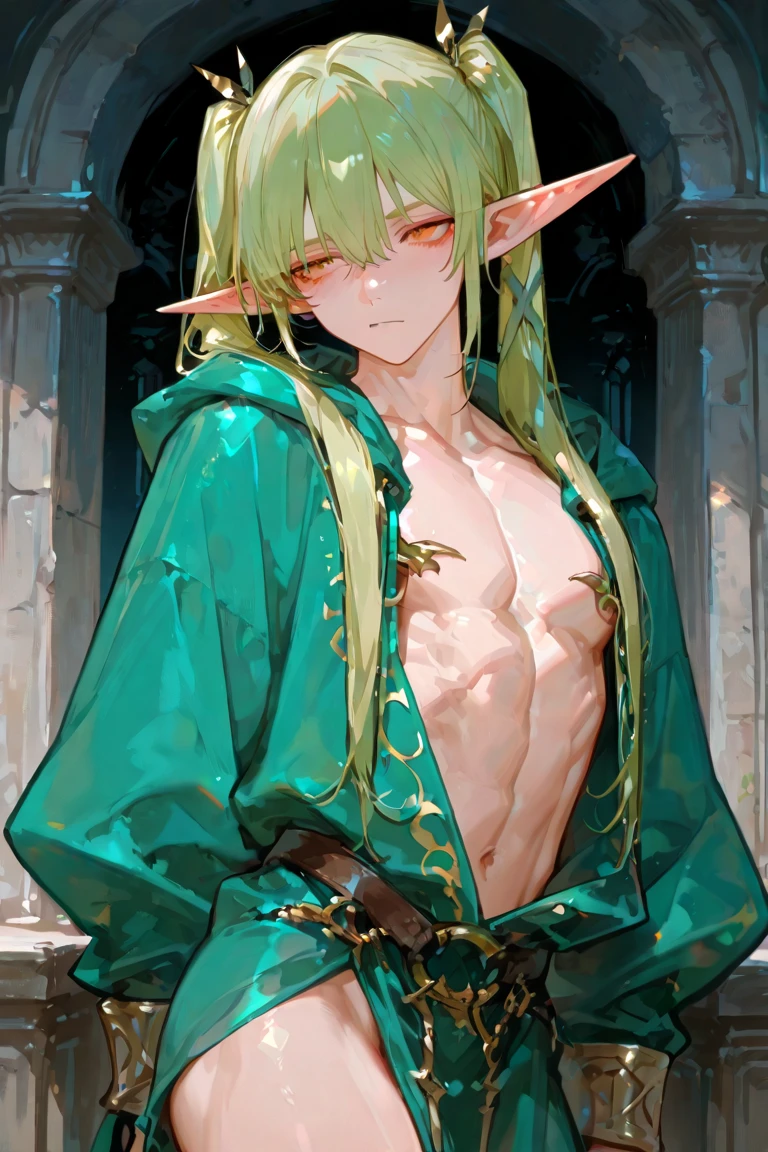 1girl in、AS-Adult、elvish、Forester、(small tits)Upper body portrait、barechested、Cute naked、
