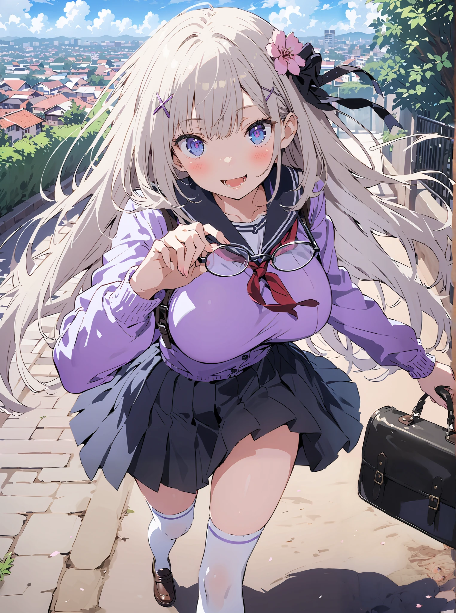 score_9, score_8_up, score_7_up, source_anime, Emilia,Alone, knitting glasses, crown knitting glasses, flower, hair flower, hair ornaments close to the garden, hair bow, long hair, pointed ears,smile,blush,open your mouth,Glasses, purple eyes, white hair, x hair ornaments close to the garden, big breasts,Black sailor suit,purple cardigan, Long Sleeve, black mini pleated skirt ,white thigh high socks,loafers,School bag,Walking,morning,Beautiful cityscape,cherry blossoms,full bodyがイラストに入るように, break outdoors, residential area,
break looking at viewer,full body,
break (masterpiece:1.2),Best Quality , kampala, Unity 8K Wallpaper ,(shape:0.8),( fine, beautiful eyes :1.6),It's a person ,full body写真,CG Details , (perfect hands, complete anatomy),,