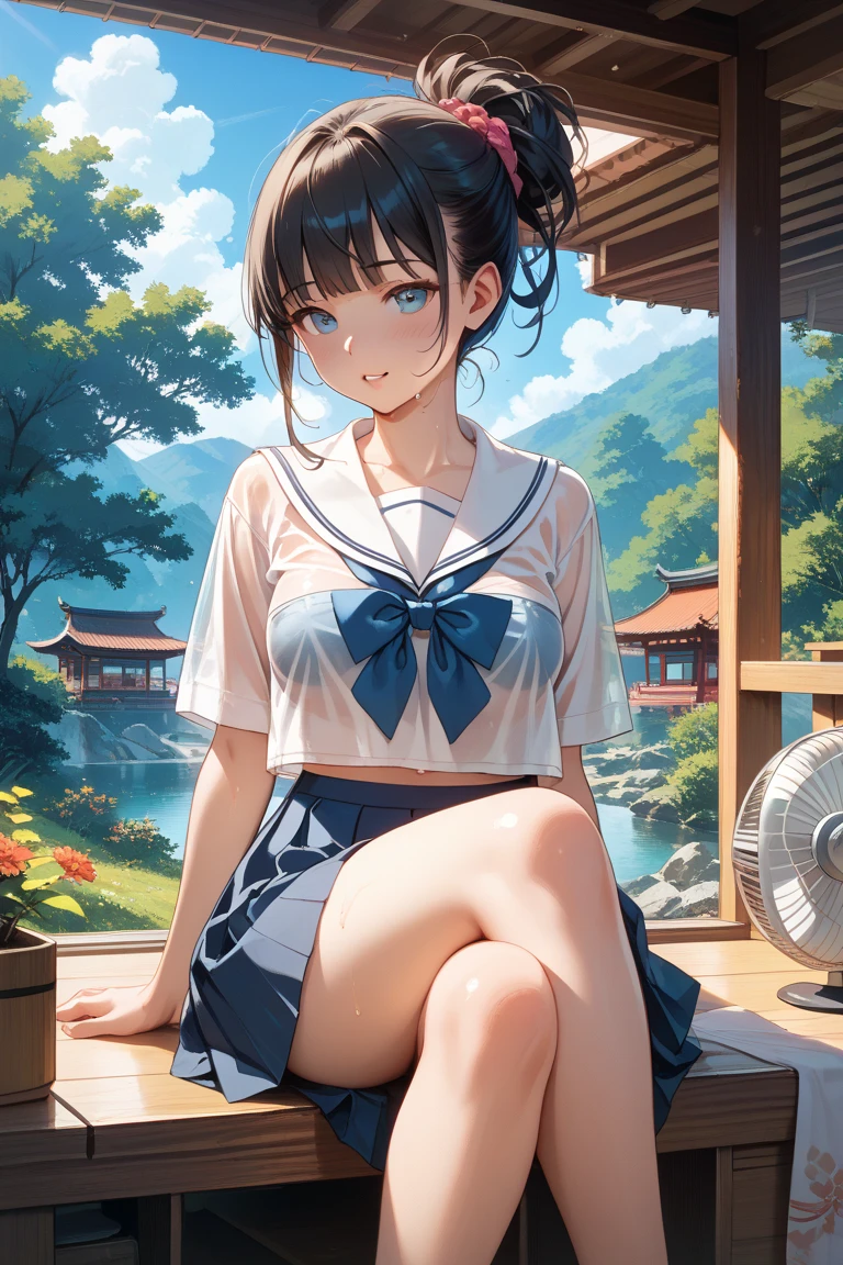 Detailed Background,Traditional Japanese room,(masterpiece, Highest quality),(dark、cyan light、silhouette:0.8)、Monochrome:0.6, Highest quality, Amazing details, Anatomically correct, ((watercolor)), Written boundary depth,Flat Shading,Bokeh,古くてdarkお風呂場、Thighsが太い, take a bath、Shoulder-deep immersion in the tub、Wet your hair and face thoroughly、Water Dropが落ちる、My clothes and hair were soaked..、Wet sailor suit sticks to the skin、 (Black Hair、ponytail),(Thighs),(Big Breasts)、get wet、Perfect Style, (School short-sleeved sailor uniform、Navy Blue Skirt)、Water Drop、Pink Panties、Open clothes,White socks、Browsing Caution、get wet、