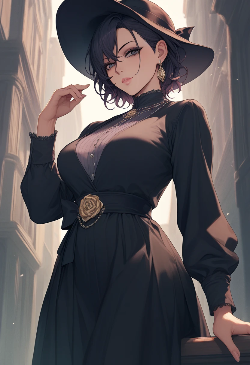 She was wearing a long hat with a rose on it、She has a G-cup bust and wears a dress with a belt around her waist.、Overall in navy blue、She was wearing a sheer top from her neck to her stomach underneath her clothes.、I'm wearing stockings、She has purple lipstick and moon earrings、She was wearing black heels and had a curvaceous, voluptuous body.、A late 20s anime girl who looks like Deborah Arlini