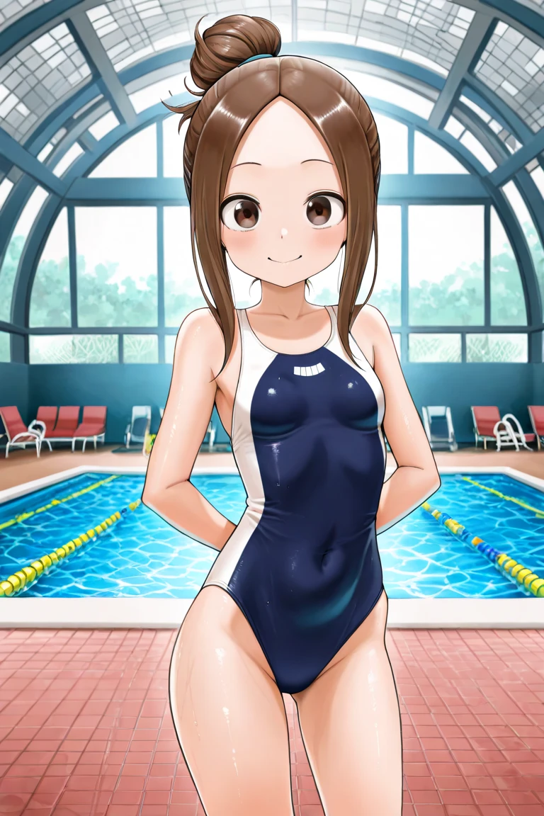 ceiling, sit astride, girl on top,
((school swimsuit)), Highly detailed glossy skin, Dark blue one-piece swimsuit, (Swimsuit with wet and shiny details: 1.2),
very long twin tails, brown hair, (((no constriction, Dim body)))
evil grin, Crab crotch, Extensive_feet,