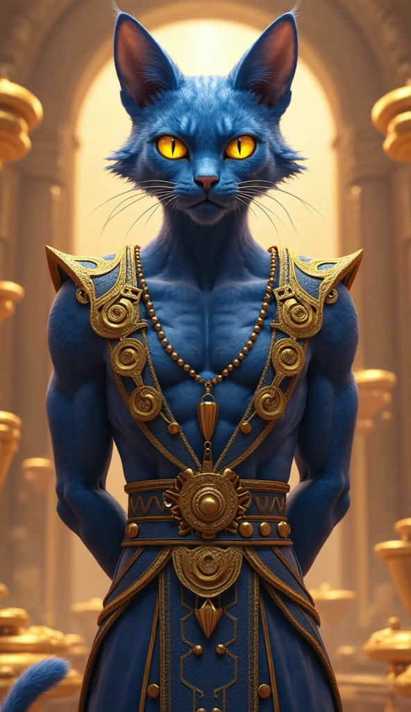 A hyper-realistic image of Beerus, standing with his arms behind his back, wearing his elegant blue and gold attire. His feline features are highly detailed, with individual whiskers and glowing yellow eyes. The background is a celestial palace filled with floating golden platforms.