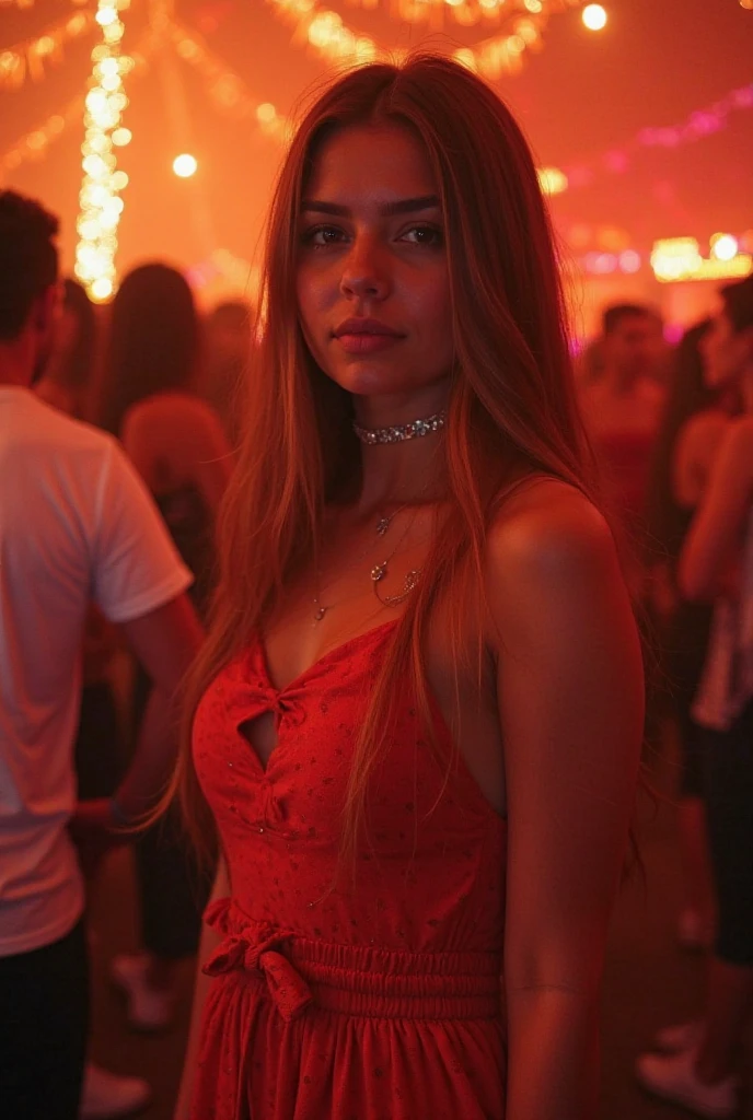1girl 16 year old, solo, long hair, big breasts, looking at viewer, blonde hair, brown eyes, jewelry, full body, necklace, lips, realistic, nose, flirting with camera, sexy, realistic, high detail, 4k photo, high detail, club, sexy perfect anatomy, perfect symmetry, soft lights, dancing in a club, music,  outfit, nice dress, very pretty, Hyper realistic and detailed, romantic. perfect eyes, (Eye makeup:1.1), (highly detailed skin:1.1), RAW, analog style, sharp focus, 8k UHD, DSLR, high quality, Fujifilm XT3, grain, award winning, masterpiece