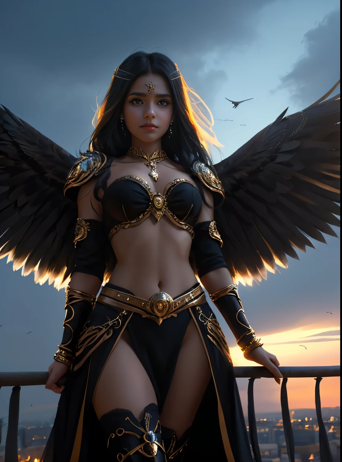 modelshoot style, the most beautiful artwork in the world featuring a (gothic angel cute woman in skirt:1.2), ((navel :1.5)), sexy pose infront of a gorgeous glowing forest full of fireflies flying around, large detailed wings, (dark force:1.3), 35mm lens, f/1.8, 8K, clear facial features, (cinematic action scene:1.2), accent lighting, global illuminatio, trending on ArtStation, trending on CGSociety, Intricate, High Detail, Sharp focus, (dramatic:1.1), photorealistic painting art by midjourney and greg rutkowski