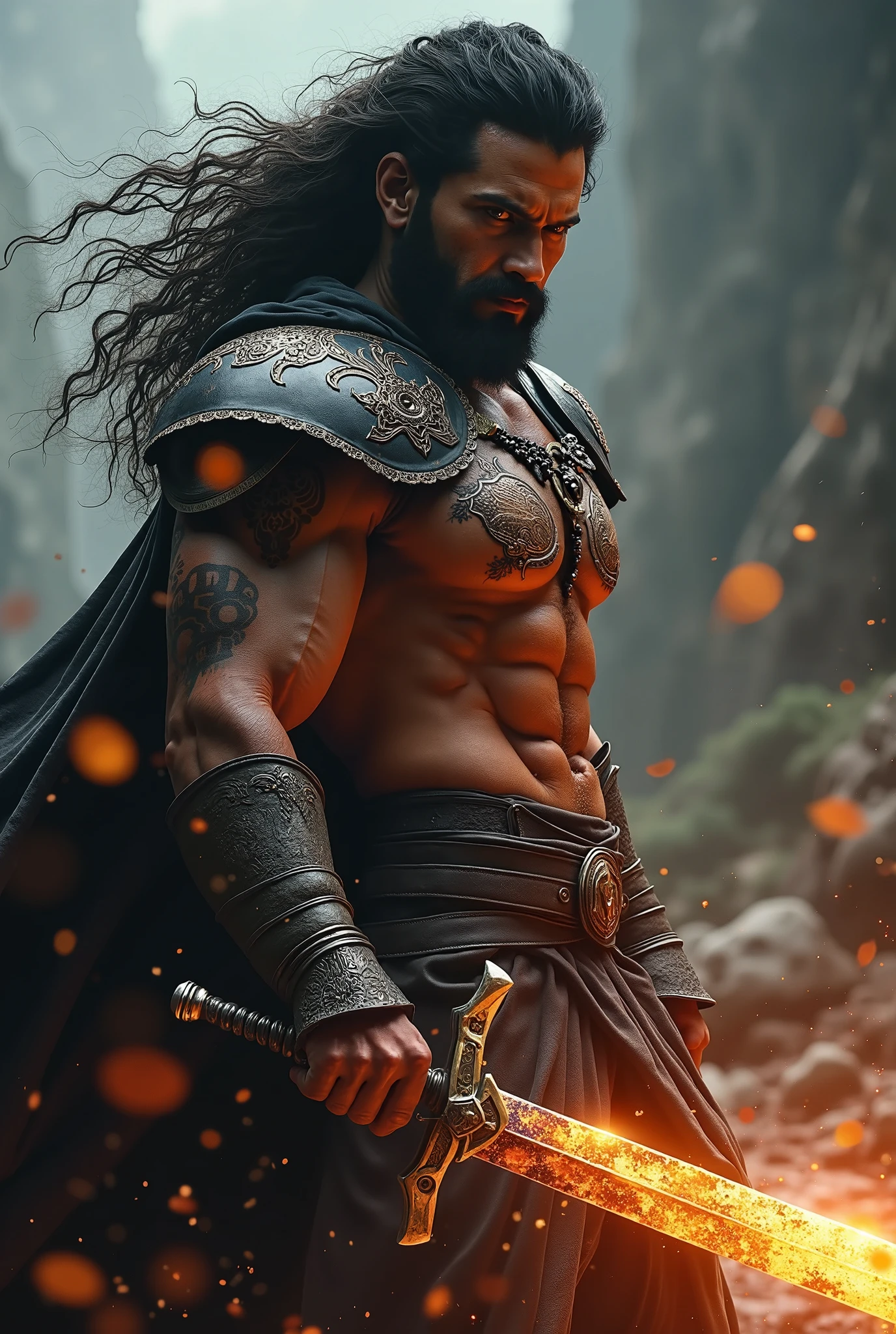 A half-naked, strong warrior with a crystal embedded in his chest.