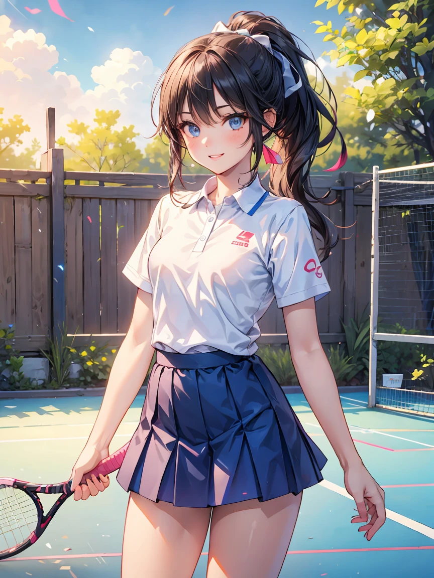 and 8K,premium,real image,intricate details,超High resolution,depth field,masseter piece,natural soft light,Professional lighting,1 girl in,(cute little:1.2),an extremely beautiful 17 year old girl,A detailed eye,((Blue-eyed)),(by rubio),(by the wide),(fringe),Perfect skin,shiny skin,white and light skin,thin skin,((perfect ???????,good hand,perfect hand,Five fingers connected to the palm of the hand.,precise hands without incongruity)),Perfect raw legs,delicate legs,perfect proportions,tennis player,perfect face,big and full breasts, convex buttocks,white polo shirt,Short white pleated skirt,White sports socks,WHITE TENNIS,High ponytail,a wet body,Shake the paddle,sunny day,clouds, Leg and thigh shots., Bottom angle, Bottom shot, crouched, Thigh closeup, Focus on the buttocks,((from the rear)),looking back,((thin smile)),(out of home),(tennis coat)