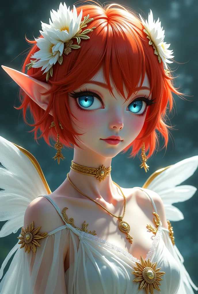 1 man (androgynous) with wavy red hair (short but not so much) , that he has clothes of gods, round face, blue or emerald green eyes