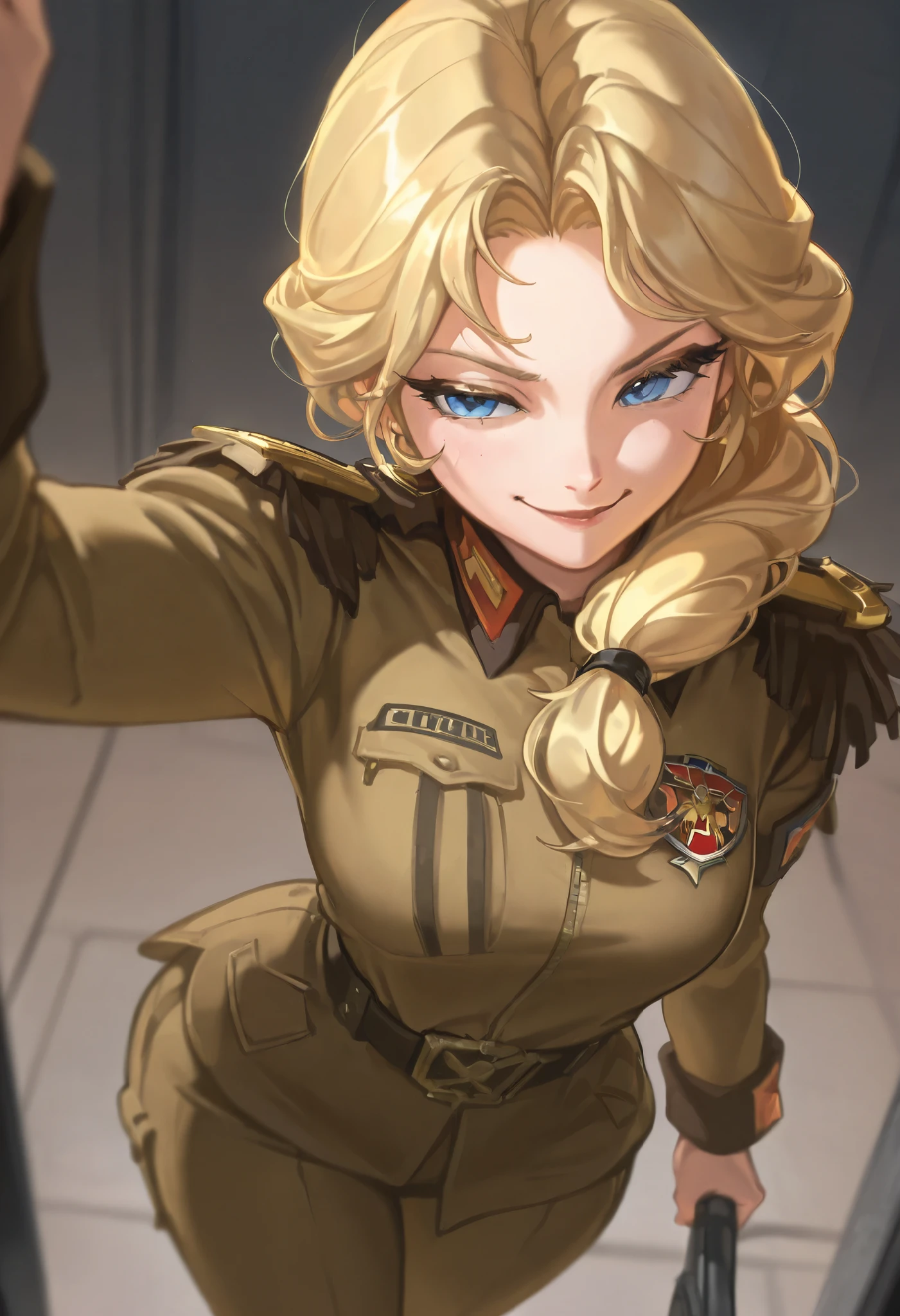 Masterpiece, score_9, score_8_up, score_7_up, score_6_up, masterpiece, portrait, 1female, blonde, long tied hair, blue eyes, mature woman, taller frame, dynamic angle, cruel smirk, cruel gaze, wide hips, dommy mommy, golden jewelry, wearing a militar uniform, L0LSPL4SH