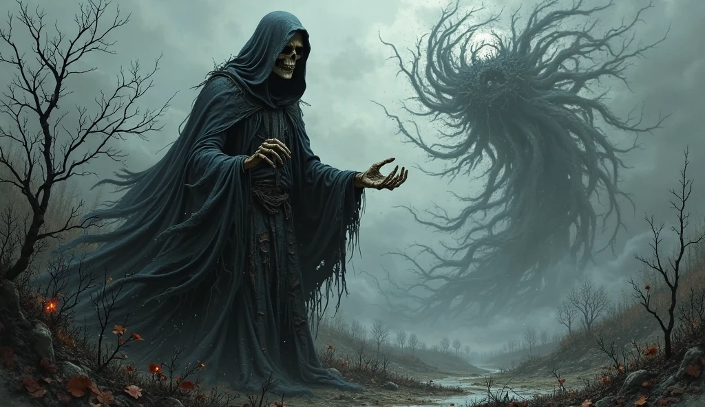 Death with aspect , dark and Machiavellian , holding the head of a decapitated angel with the halo