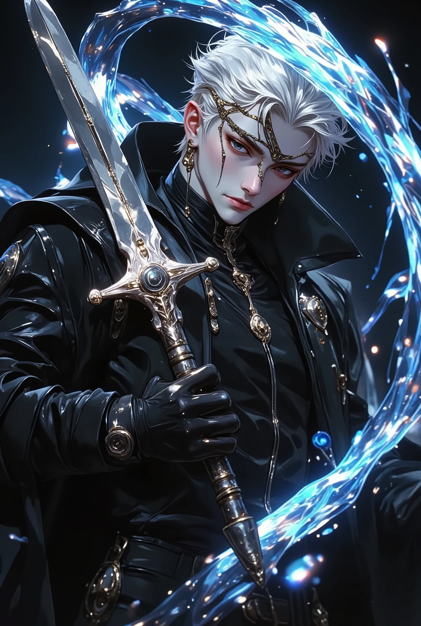 ( Correctperfect anatomy )A boy wearing a black shirt carries Single eye black eyepatch ( Single eye black eyepatch)Highly dynamic rotating light with sharp eyes 、scarf, white hair, Close-up of man with high dynamic range,Spiky white hair,Holding a shiny dagger ( perfect anatomy ) Shines brightly ( perfect anatomy ) handsome black jacket,A swirl of blue and silver glitter surrounds the man, Swirl Dynamic Masterpiece Perfect Composition Intricately Detailed Digital Art
