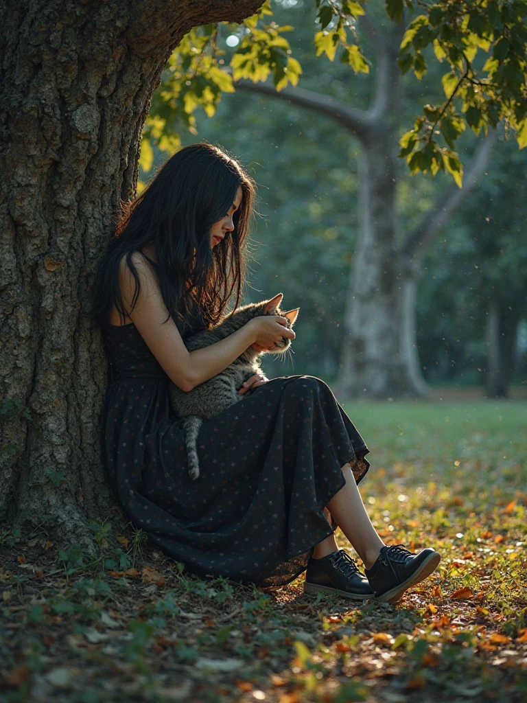 (8K, 16k, Award Winning, Top Quality, High Resolution, Super Detailed, Textured Skin, Anatomically Correct, Photorealistic, Raw Photo, Maste Piece: 1.3), (1 Girl), (On the Ground Under a Big Tree Girl sitting and dozing off: 1.3), Aerial shot from above, Book open, There is an acorn on top of the book, (Squirrel stealing an acorn: 1.2), Trees in autumn leaves, Peaceful scenery, Soothing, Autumn, fallen leaves, leaning on a tree