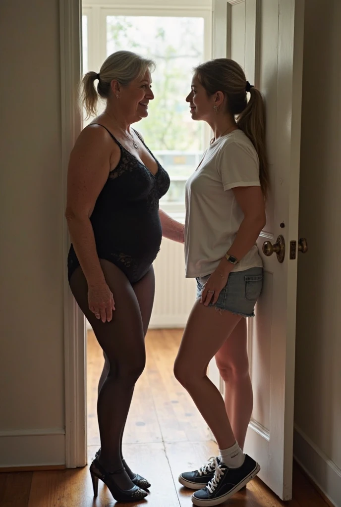 (an elderly woman, with very large breasts and wide hips, wearing a sheer bodysuit, with white stockings, next to an 18 year old man, that is 110 centimeters tall kissing each other