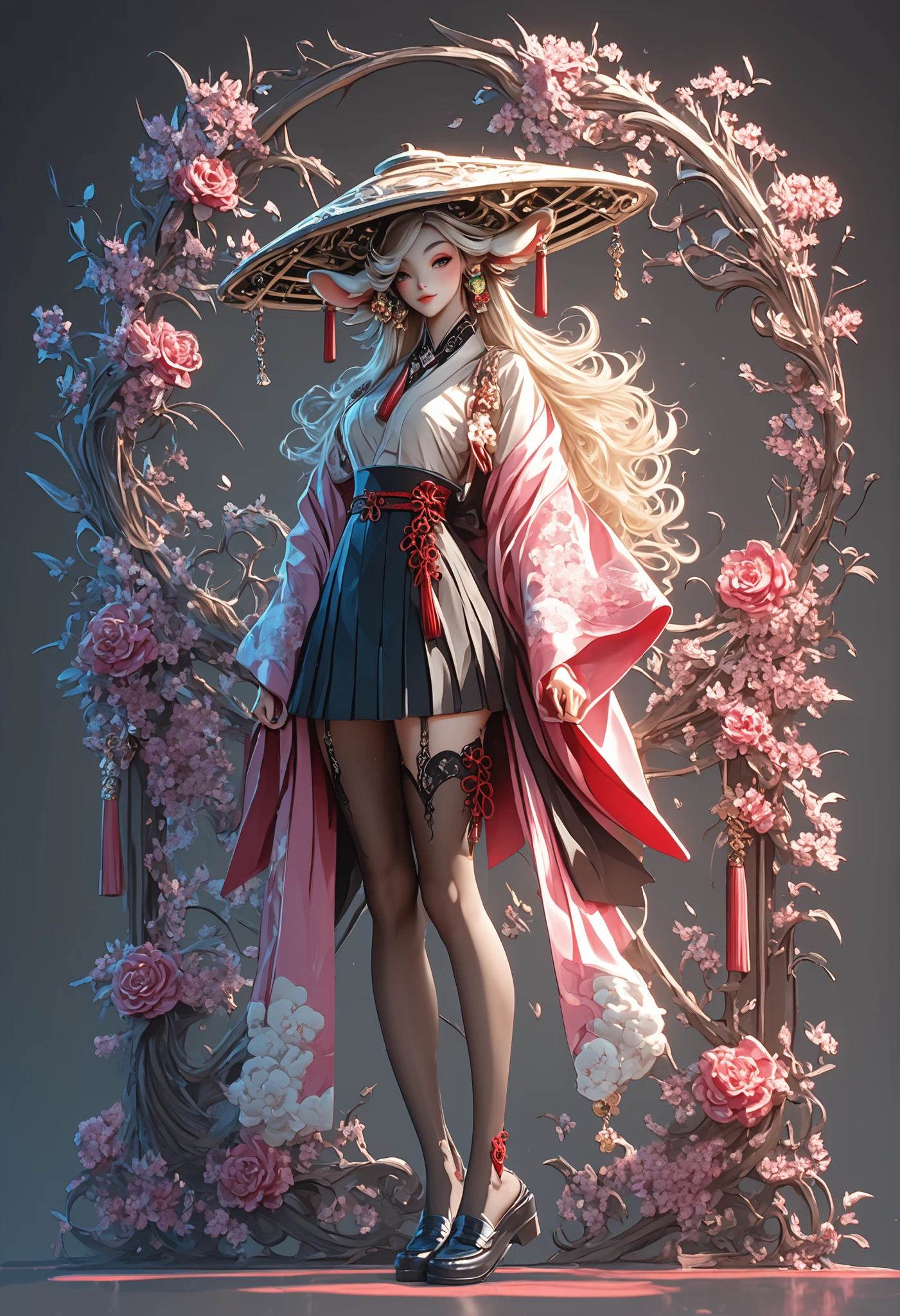Create an anime-style digital illustration of a young female character in a confident, elegant pose, standing with a slight turn to the right, one leg bent, and her hands resting casually on her hips. The character must display a serene gaze and a slight smile, with long, flowing hair in shades of glossy black, falling over her shoulders and framing her face. She wears a short, stylized kimono, inspired by modern Japanese fashion, with wide sleeves and a length that ends above the knees. The kimono is predominantly vibrant yellow, adorned with a floral pattern with details of large flowers in shades of white and soft red, with dark green leaves intertwined. At the bottom of the kimono, there is a tight black layer that covers the torso, contrasting with the yellow and adding depth to the design. On her legs, she wears black, thigh-high stockings, decorated with a pattern of red roses in a Gothic style, with subtle details of vines between the flowers. On her feet, classic school shoes ('uwabaki' style or loafers), black with white soles, maintaining a Japanese school uniform vibe mixed with modern elements. The character wears a thin red belt tied at the waist, with a small gold buckle, which tightens the kimono and adds a a touch of sophistication, on the neck, a delicate necklace with a small flower-shaped pendant, matching the floral theme of the kimono, on the ears, discreet gold drop-shaped earrings, reflecting the light in a subtle way, the background is minimalist, with soft pastel tones (such as light pink and baby blue) in a blurred gradient, highlighting the character as the main focus, the art should follow an anime style with sharp lines, vibrant colors and soft shading, inspired by Y2K fashion trends and contemporary Japanese aesthetics, with influence from AI tools such as Midjourney for a polished and futuristic finish
