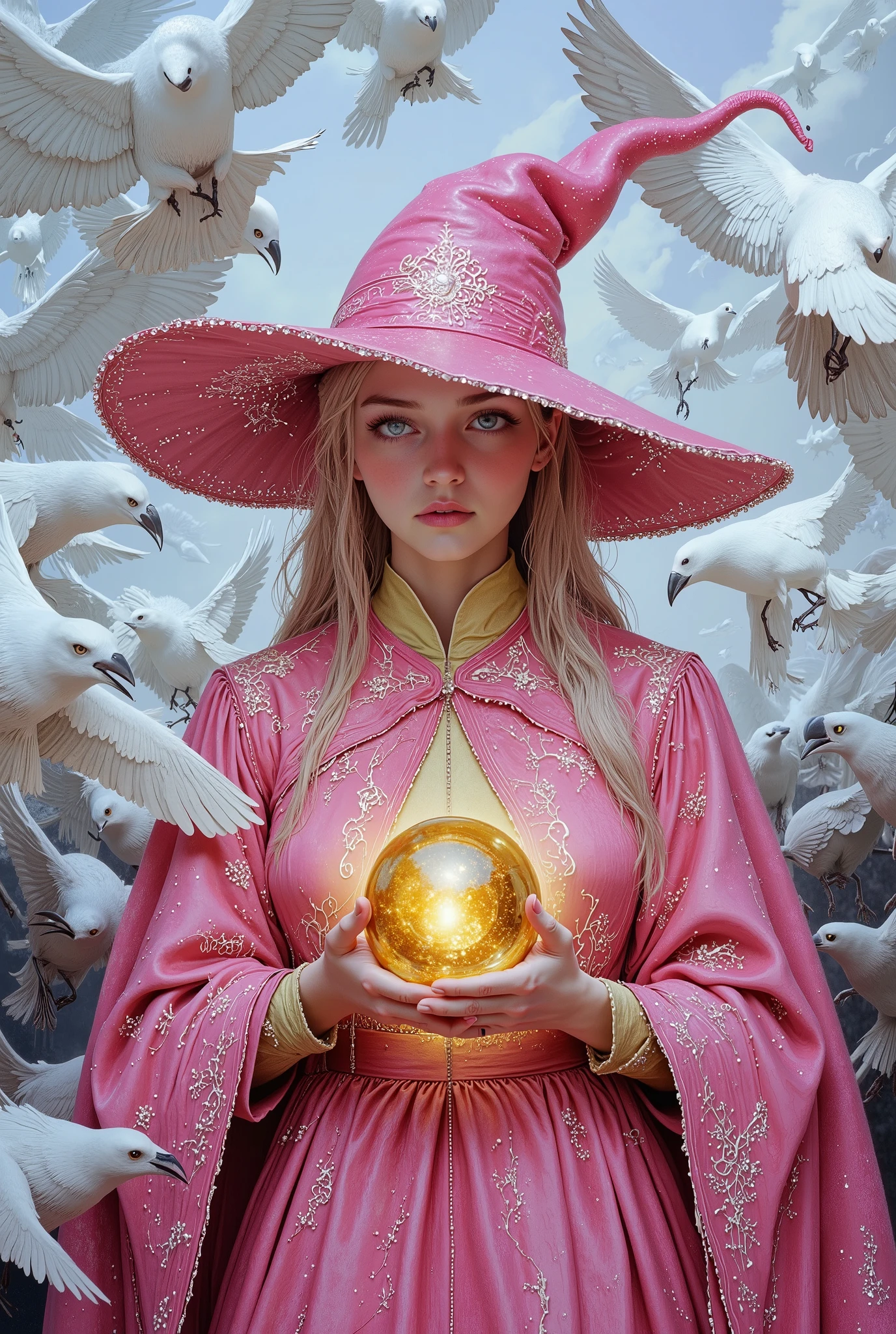(photorealism:1.2), (best quality,4k,8k,highres,masterpiece:1.2),ultra-detailed,(realistic,photorealistic,photo-realistic:1.37),a wizard girl, wearing rich pink wizard outfit, standing, an unusual number of flying whites crows covering everywhere dynamically and 3dimentionally.The sky is filled with so many crows. inspired by the Hitchcock's film\(The Birds\),simplism,minimalism.fisheye lens,horror mood. rich pinks wizard hat, cream yellow turttleneck inside robe. rich pink long flawless skirt. hold glemering golden crystal ball