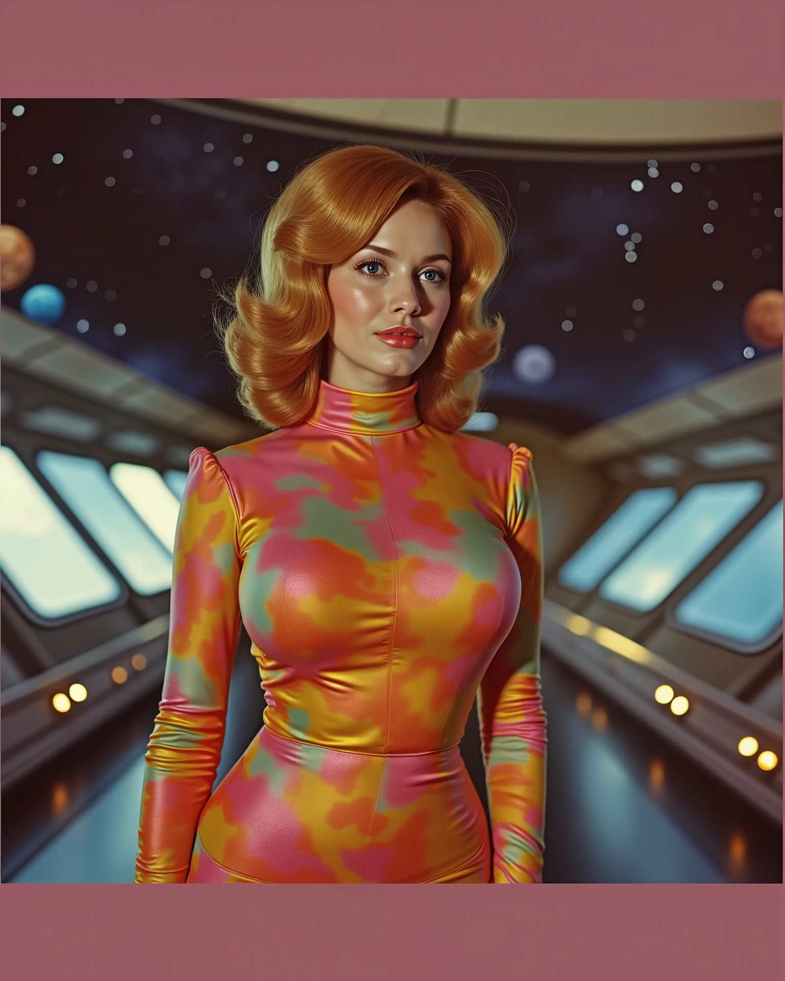 A vintage space age artistic image, low angle dutch angle, buxom unique female character, sci-fi 1968, short sassy blond hair, curvy, wearing a form fitted 1960s colorful mod two piece space uniform, The background is shiny space dock with planets galaxies and stars outside the windows, focusing attention on her attire and hairstyle jet set mod 1960s