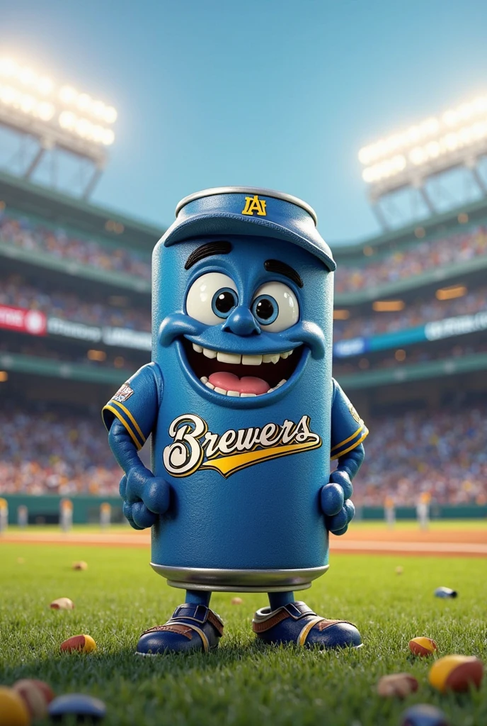 a cheerful blue Sesame Street character, Pancho Contreras, with yellow eyes with black pupils, egg-colored nose, brown eyebrows, wears a cream-colored soccer jersey with a red U, drinking a rum