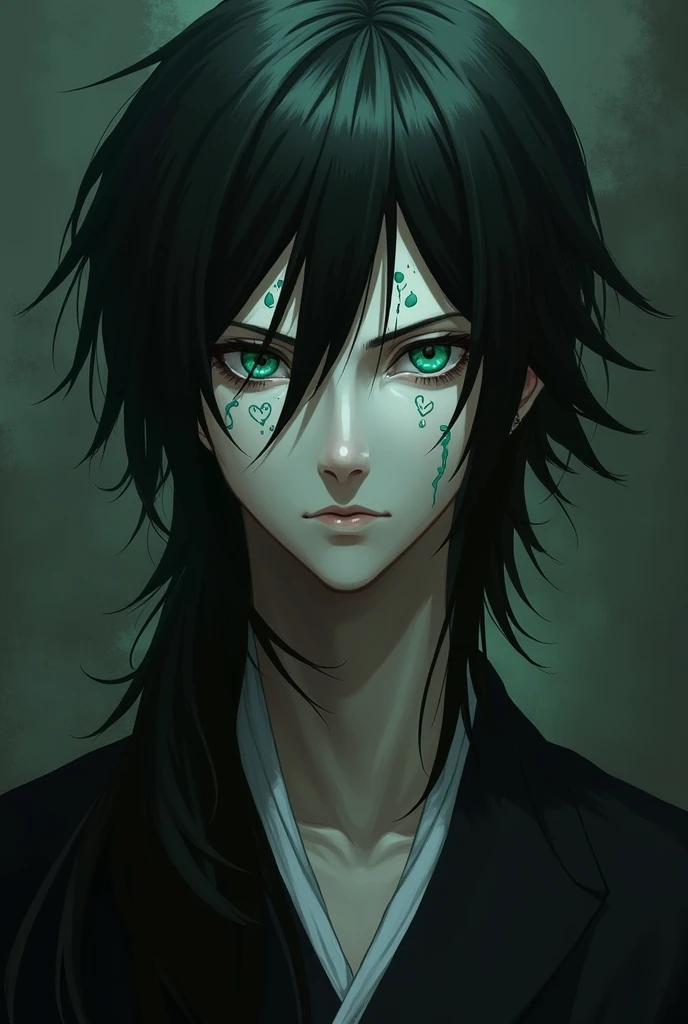 absurdres, highres, ultra detailed, HDR, masterpiece, extremely detailed face and eyes, perfect face, Ulquiorra Cifer, black hair, hair between the eyes, expressive green eyes, pale skin, Bleach, solo, sexy man, handsome, white coat, tight black shirt, patterns