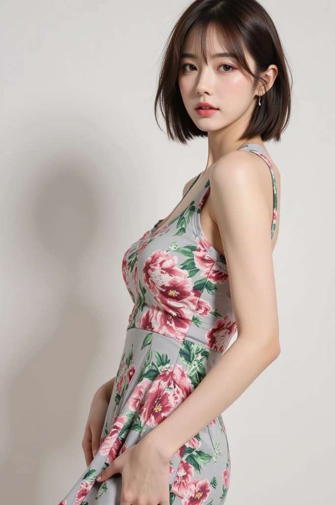 109
(a 20 yo woman,is standing), (A hyper-realistic), (high-level image quality), ((beautiful hairstyle 46)), ((short-hair)), (Gentle smile), (Keep your mouth shut), (lipsticks), (breasted:1.1), Floral clothing