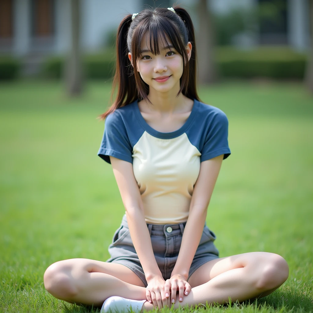 8K、 beautiful girl、A sparkling e、Arms raised to show armpits、A darK-haired、detailed beautiful faces、Plain white gym clothes、Very short navy blue bloomers, Sunflower field、Very strong wind、Decolletage、Sit on the buttocks