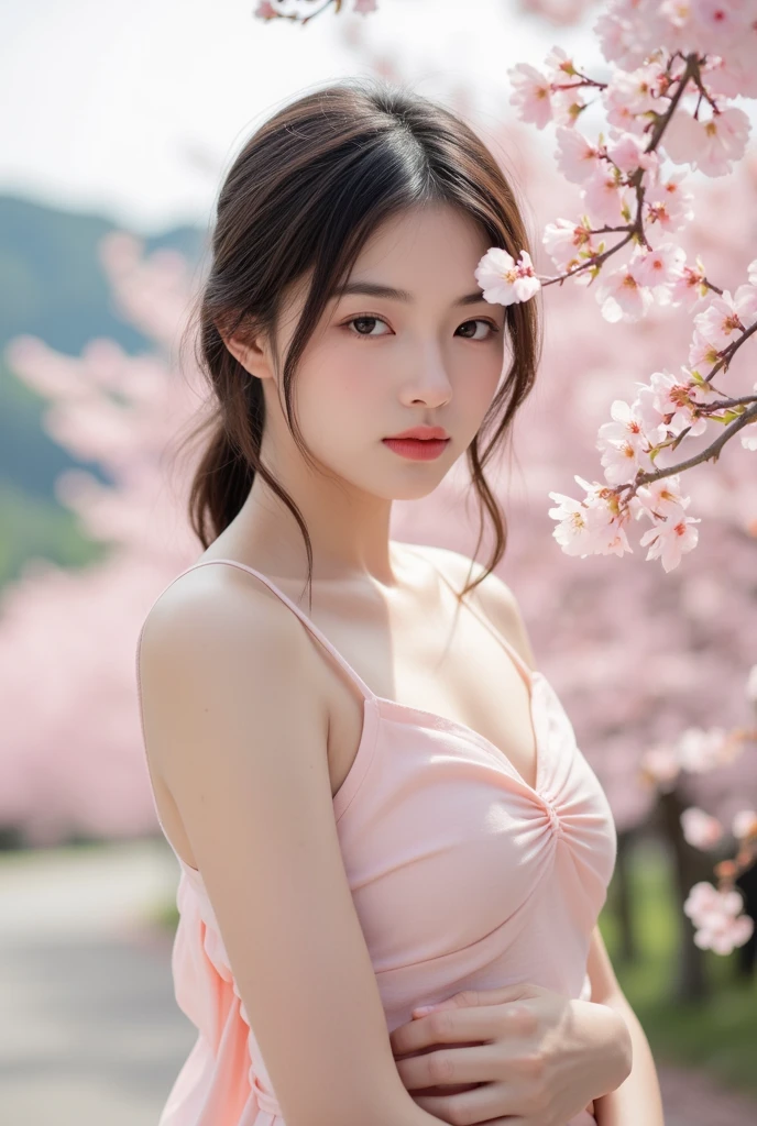 adult girl, (extreme detailed face, detailed skin), upper body, bikini, graceful girl, cherry bloom, flower garden, outdoor,