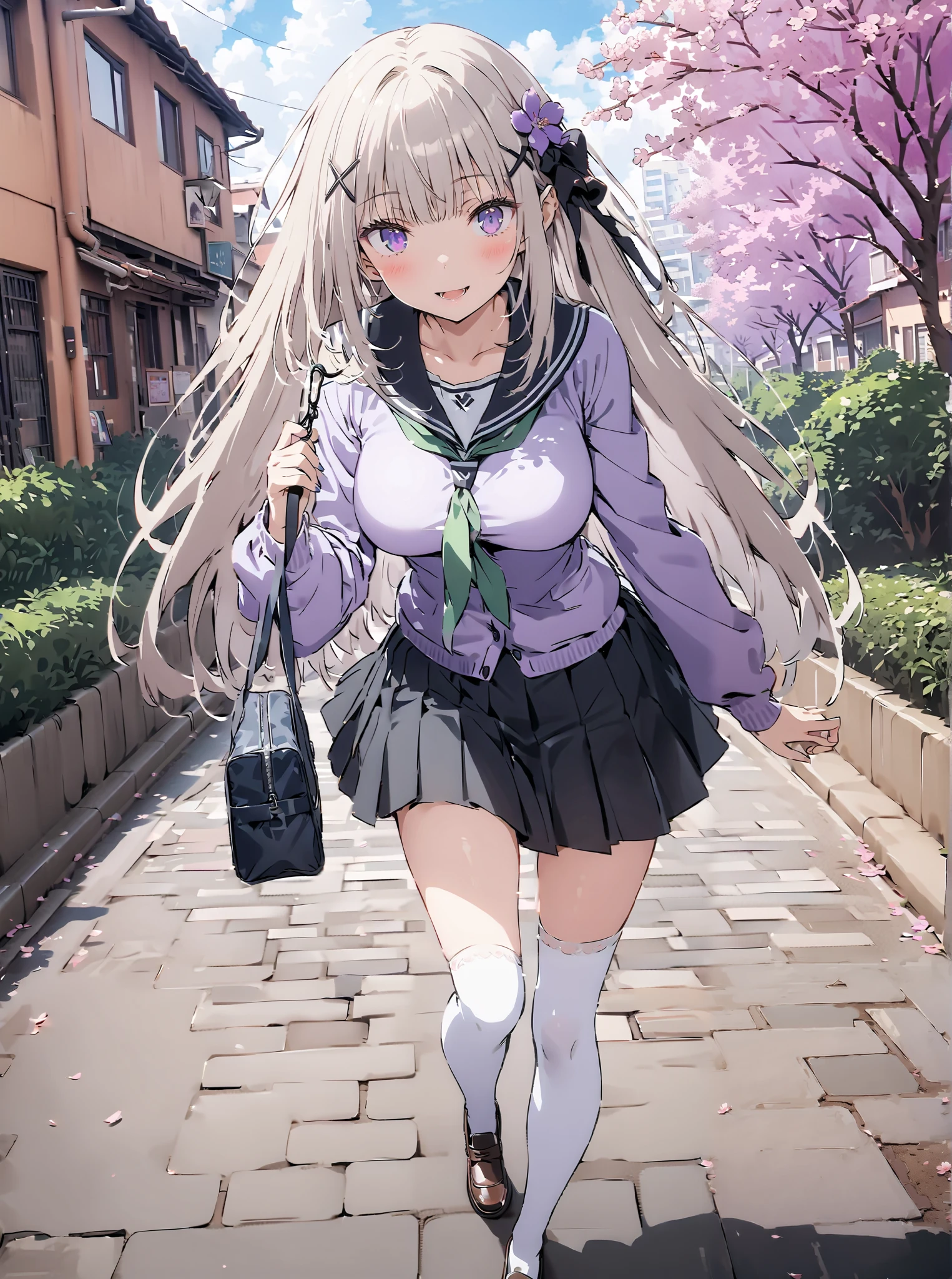 score_9, score_8_up, score_7_up, source_anime, Emilia,Alone, knitting glasses, crown knitting glasses, flower, hair flower, hair ornaments close to the garden, hair bow, long hair, pointed ears,smile,blush,open your mouth, purple eyes, white hair, x hair ornaments close to the garden, big breasts,Black sailor suit,purple cardigan, Long Sleeve, black mini pleated skirt ,white thigh high socks,loafers,School bag,Walking,morning,Beautiful cityscape,cherry blossoms,full bodyがイラストに入るように, break outdoors, residential area,
break looking at viewer,full body,
break (masterpiece:1.2),Best Quality , kampala, Unity 8K Wallpaper ,(shape:0.8),( fine, beautiful eyes :1.6),It's a person ,full body写真,CG Details , (perfect hands, complete anatomy),,