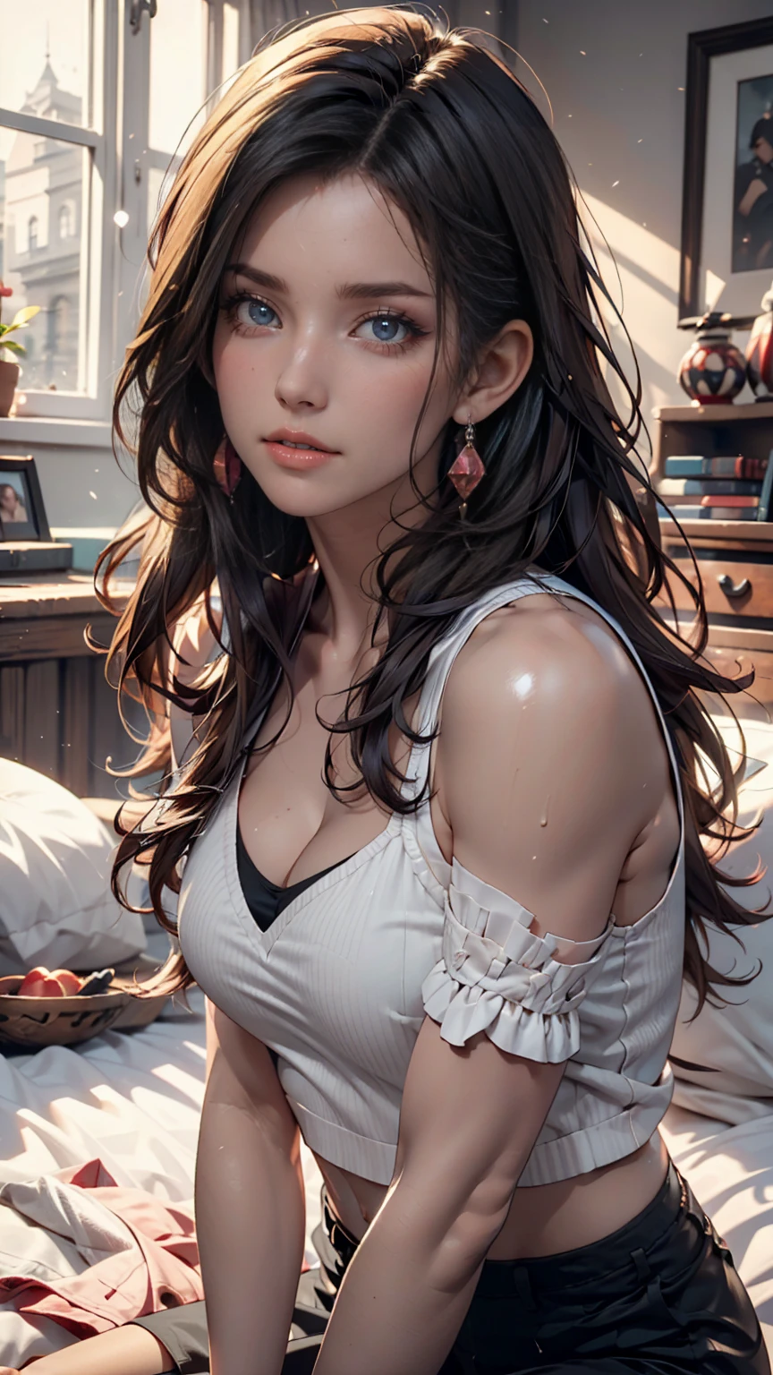 Studio room with cute asian sexy woman with guitar sitting on chair writing song/Melancholic tone、Her room（Fancy atmosphere）、Sit on the bed