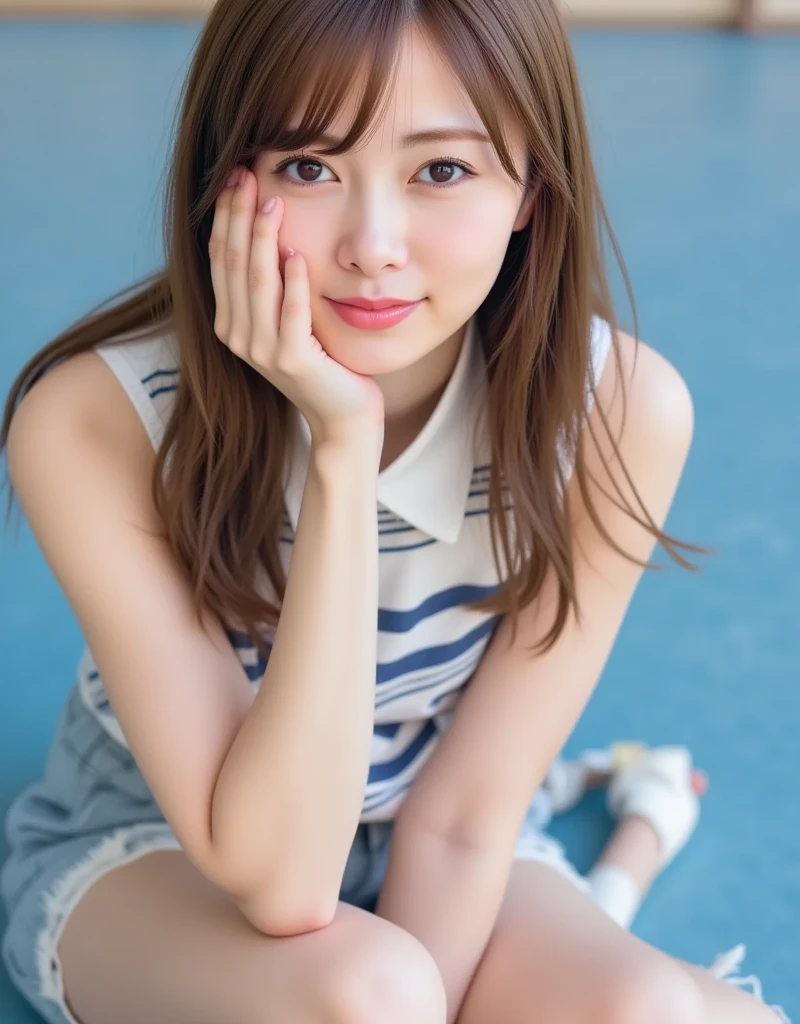 The image is a portrait of a young woman named satsuki with long brown hair and bangs. She is wearing a blue dress with white polka dots and is leaning on a metal railing. The background is blurred, but it appears to be an outdoor setting with a boat visible in the distance. The woman is looking directly at the camera with a serious expression on her face.