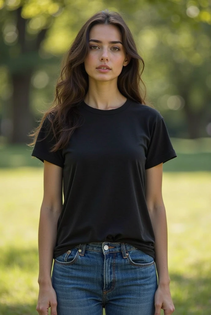 RAW photo, a close up portrait photo full body front view of 25 y.o woman (((wearing a men's plain t-shirt as a dress))), (((wearing men's plain black loose-fitting t-shirt, dressing))) (((men's plain loose-fitting t-shirt in black color:1.2))), (((short sleeve t-shirt, big men´s plain t-shirt))), (bare legs, leg showing, t-shirt covering legs), ((marked hard nipples, nipple marking)), (((excited chest))), shazglow, wavy brown hair, short haircut, pale skin, slim toned body, dream shot, dramatic pose, staring directly at camera, intense gaze, slight smile, portrait, cropping half body, half body photo, full-body shot, ((facing the camera, front view)), detailed texture of the skin, standing at the park, (high detailed skin:1.2), 8k uhd, dslr, soft lighting, high quality, film grain, Fujifilm XT3