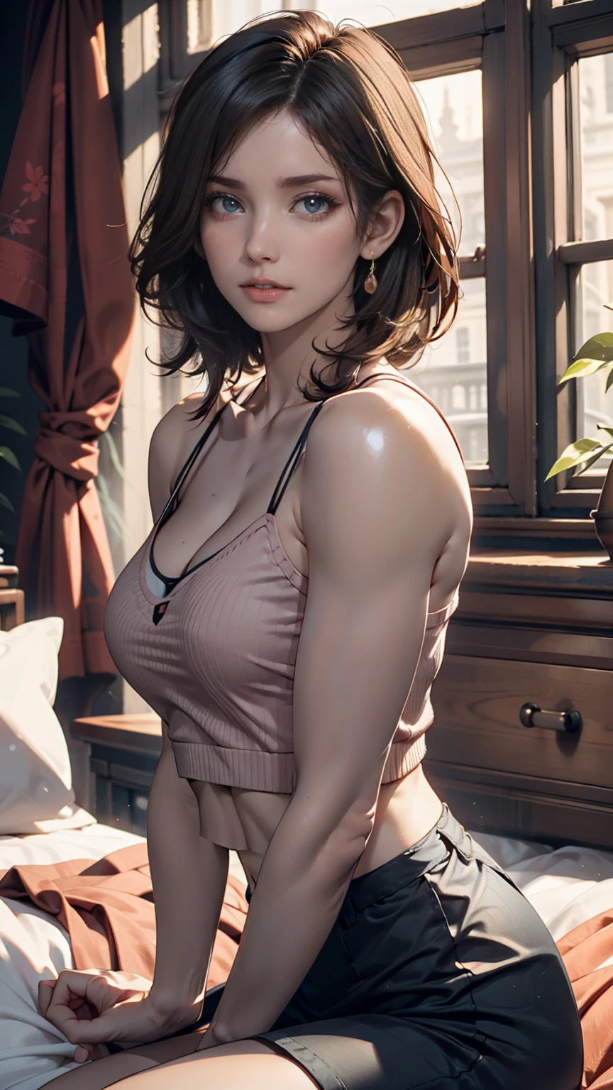(RAW, analogue, Nikon Z 14mm ultra-wide angle lens, award-winning glamour photograph, ((best quality)), ((masterpiece)), ((realistic)), skin pores, subsurface scattering, radiant light rays, high-res, detailed facial features, high detail, sharp focus, smooth, aesthetic, extremely detailed, (extremely detailed eyes, extremely detailed iris), extremely detailed hair, extremely detailed skin, extremely detailed clothes, octane render, photorealistic, realistic, post-processing, max detail, realistic shadows, roughness, natural skin texture, real life, ultra-realistic, photorealism, photography, 8k UHD, photography, hdr, intricate, elegant, highly detailed, sharp focus, stunning, beautiful, gorgeous), (masterpiece:1.2, best quality1:1, ultra-detailed:1.2, best shadow, 8k:1.1), (massive city:1.3, rooftop:1.1, city structures below, handrails), (contrasting background, bright background), (beautiful detailed face), high contrast, (perfect illumination:1.2, beautiful color, delicate color), ((cinematic light)), colorful, hyper detail, dramatic light, intricate details, (1 girl, solo, brown hair, smiling face, short hair, wavy hair:1.1, blue eyes, dynamic angle, white tanktop, jeans, cowboy shot, arms down), depth of field