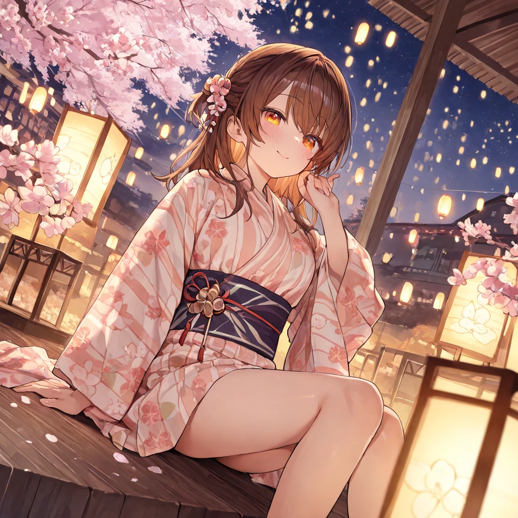 (masterpiece, best quality:1.2), (1girl, solo), (nsfw, loli), 15years old, upper body, (purple kimono, purple eyes), cherry red hair, milky white demon horns, smile, (blush:1.1), sitting on the wooden bench, (open legs:1.5), (skirt lift, showing panties:1.4), light pink panties with red ribbon, Japanese ancient capital, (night sky, fireworks)