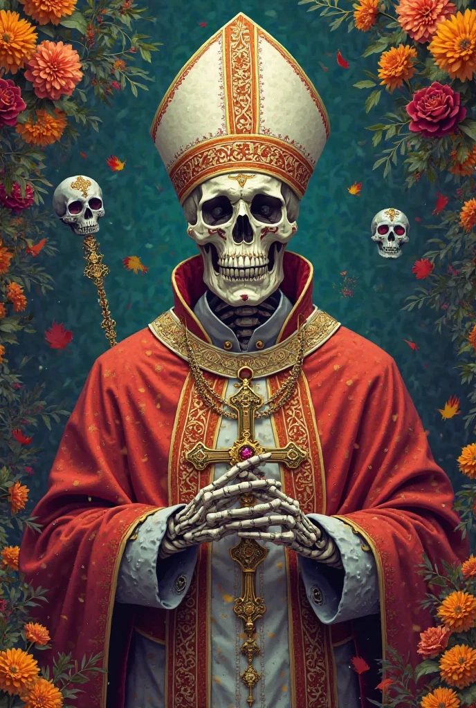 (best quality,4k,8k,highres,masterpiece:1.2), ultra-detailed, (realistic,photorealistic,photo-realistic:1.37), 1nun, Asian face, long neck, side lighting, half-shadow, and rainbow light, black background, (polished metal skull necklace pendant), rainbow, vibrant, composition illustration, circular composition, solo, steampunk, (glowing red trails, cross-shaped halo, blooming flowers)