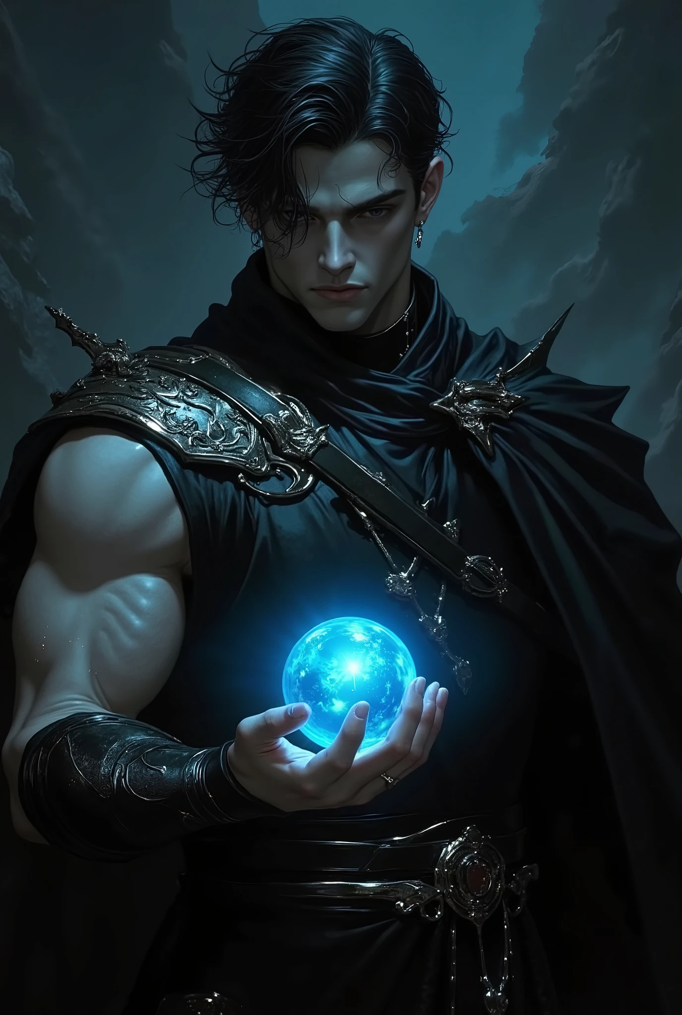 a young man with dark wavy hair wearing a black cloth warrior uniform and holding a glowing blue ball in his hand (black uniform, ).