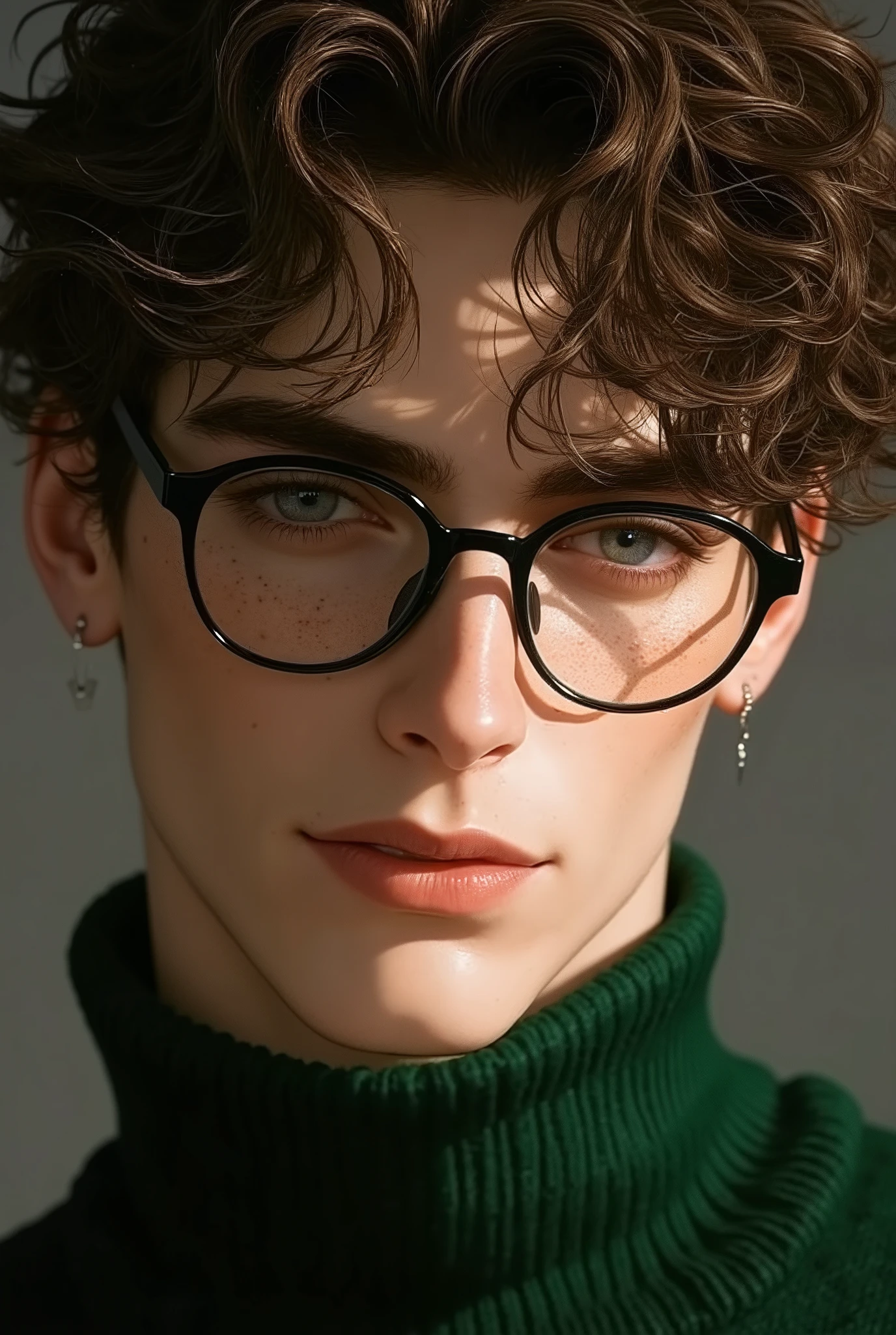 A handsome young man with short brown hair, blue eyes and freckles, wearing black glasses with transparent lenses and a green sweater covering his neck, his features are medium close up. Big curly afro hair. white pale skin
