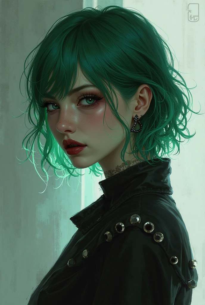 OK,2d girl, with green hair ,, Dark makeup,ear piercings,dressed in gothic clothes