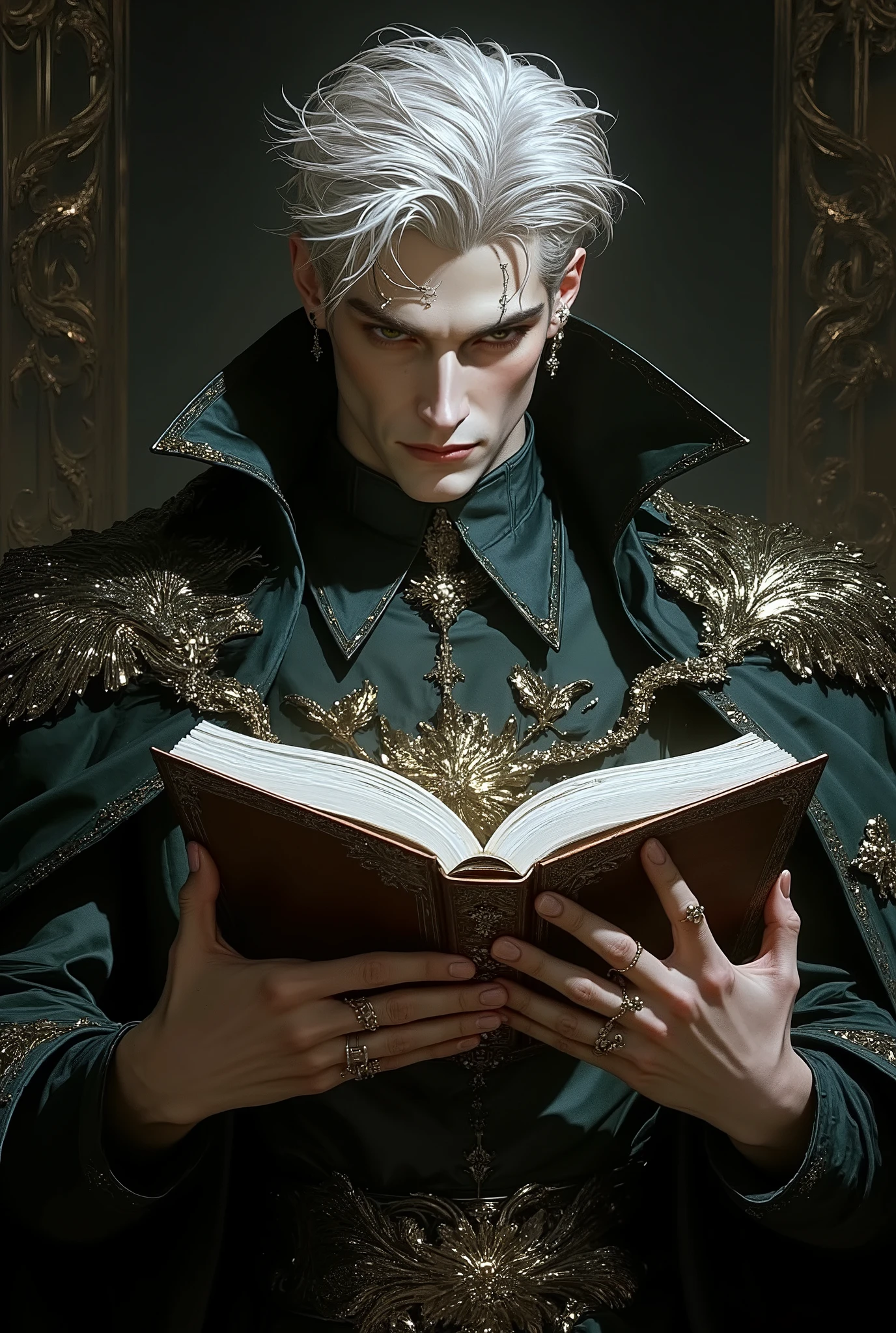a swan man dressed in a mage costume and holding a magical book. Create realistic images, High resolution photo/ ((masterpiece)),((best quality)),8k, high detailed, ultra-detailed, Stylish Pose, real skin texture. The photo is crisp and clear, likely captured with professional-grade equipment.