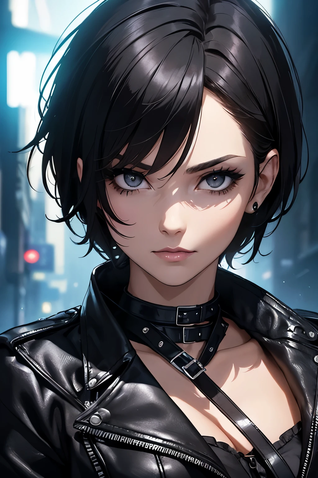 a beautiful adult woman, age group 30 years , with short black hair Pixie style, open in front , black eyes combining black leather jacket with short black blouse and choker with buckle, in a nighttime setting , dimly lit with neon cyberpunk, ,((1.2)) (( Pretty face)) (( masterpiece)) (( extremely detailed )) ((only face))