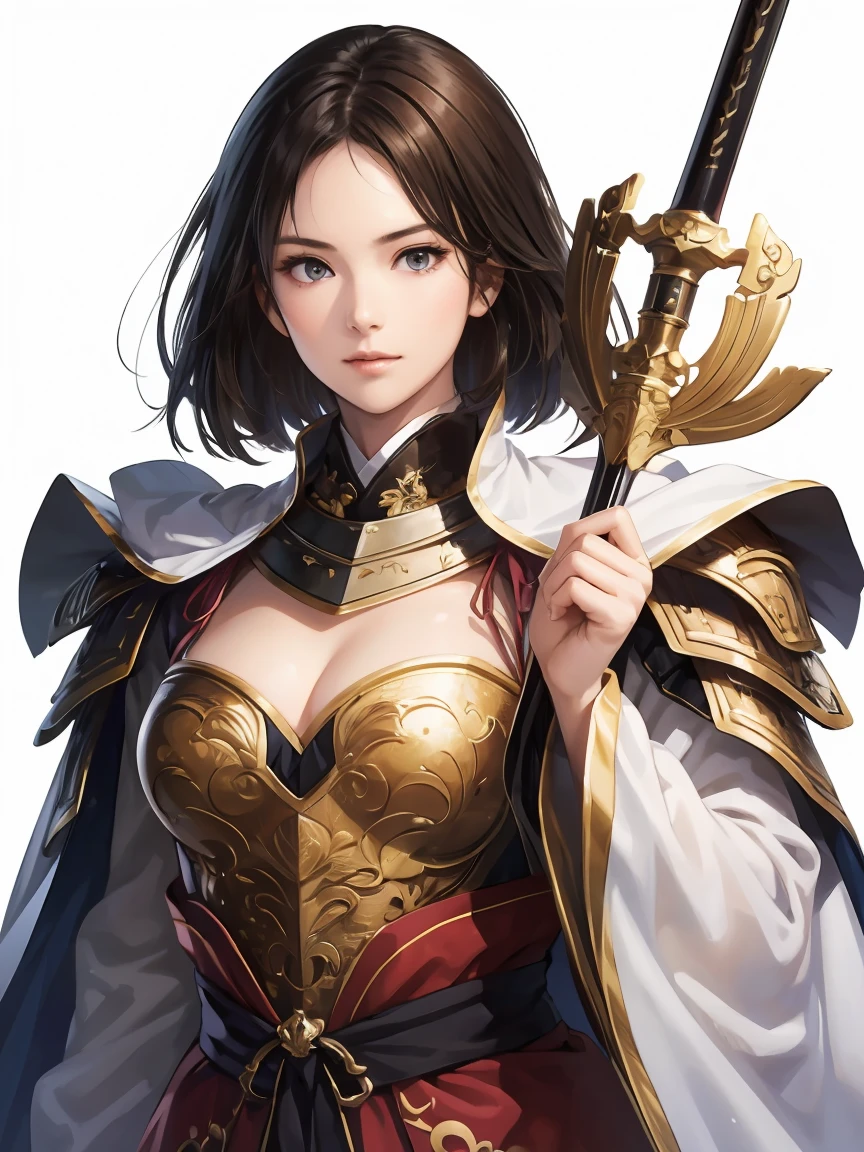 NSFW((masterpiece)), (((Best Quality))), ((Ultra-detailed)), (extremely detailed photo), ((extremely delicate and beautiful)),(Cute delicate face), ((masterpiece)), perfect anatomy, intricate, (highly detailed), masterpiece, photorealistic, (A 20 years old dignified girl),(red and black armor), (Castle town) ,alone,short hair, looking at viewer, (holding glowing weapon), double eyelid,delicate skin,slender body shape,medium breast,solo.alone,beautiful lip