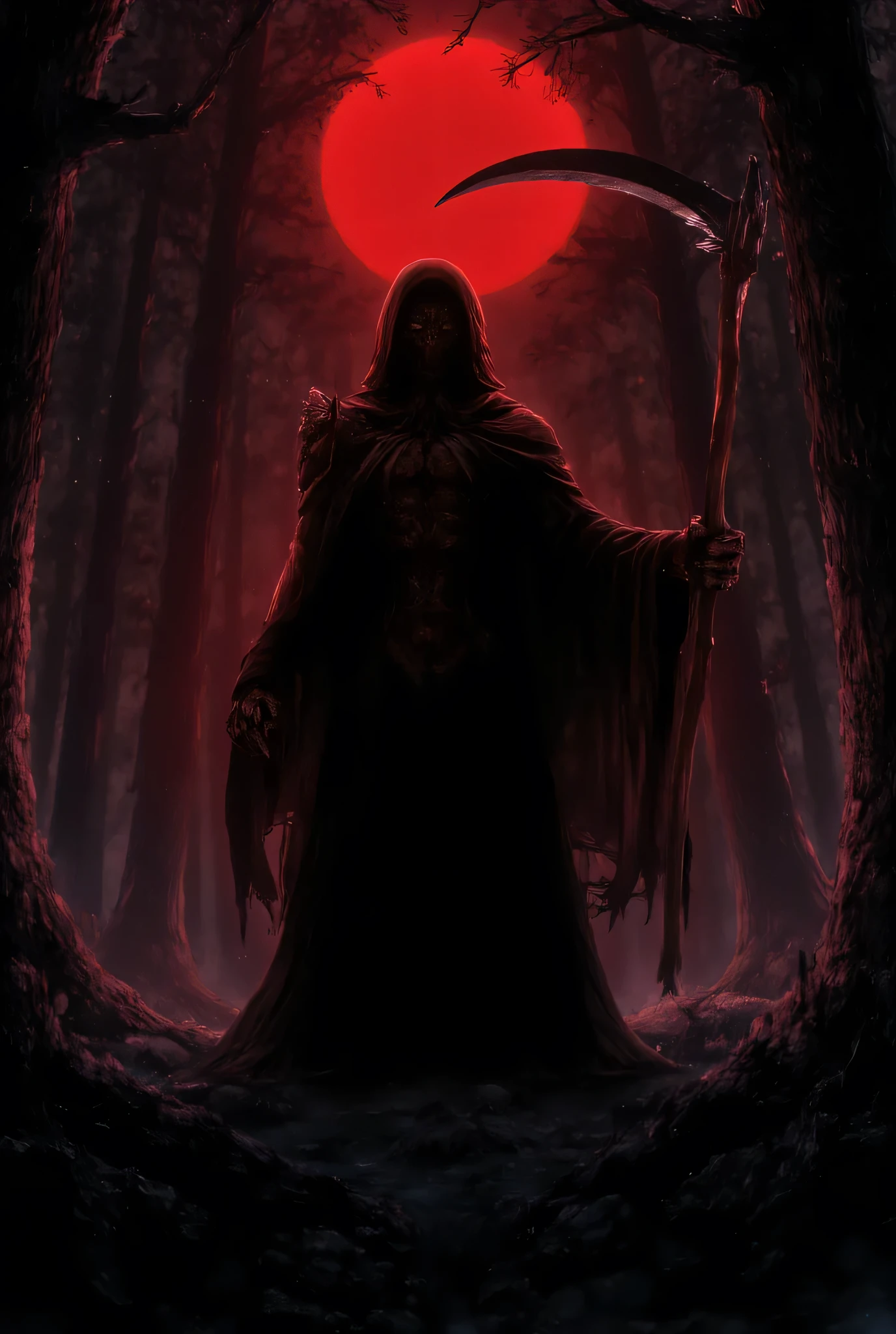 arafed grim with scythe in a dark forest with a red sun, beautiful male God of death, portrait of the God of death, The omen of death, As if, reminded me of As if, grim reaper, The king of death, portrait of a God of death, the Angel of Death, God of death, Portrait of the Grim Reaper