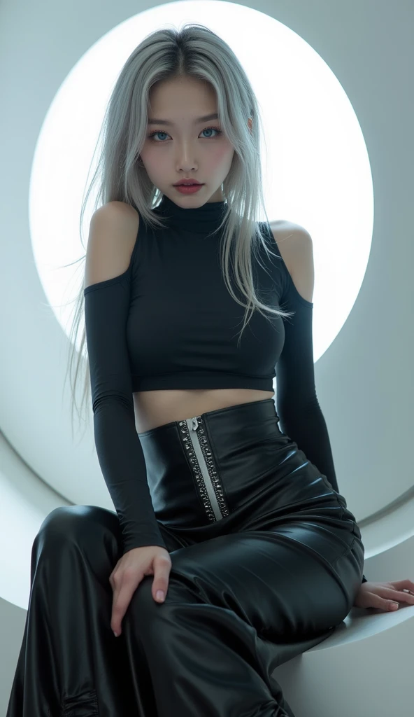{{Masterpiece}}, {{Best quality}}, Rainy days, Cityscape, In the cyberpunk city, Cityscape, Huge_filesize, the wallpaper, Girl, Medium hair, White hair, Wavy hair, hair-bun, hair pin, purple hairband, Beautiful detailed eyes, Sweater dress, ribbed sweater, Miniskirt, {Sexy lingerie}, {Transparent underwear}, {Arashi}, fishnet stockings, knee_Boots, necklace, Black choker , half gloves , fingerless_mitts, All_all  fours, Skirt lift,