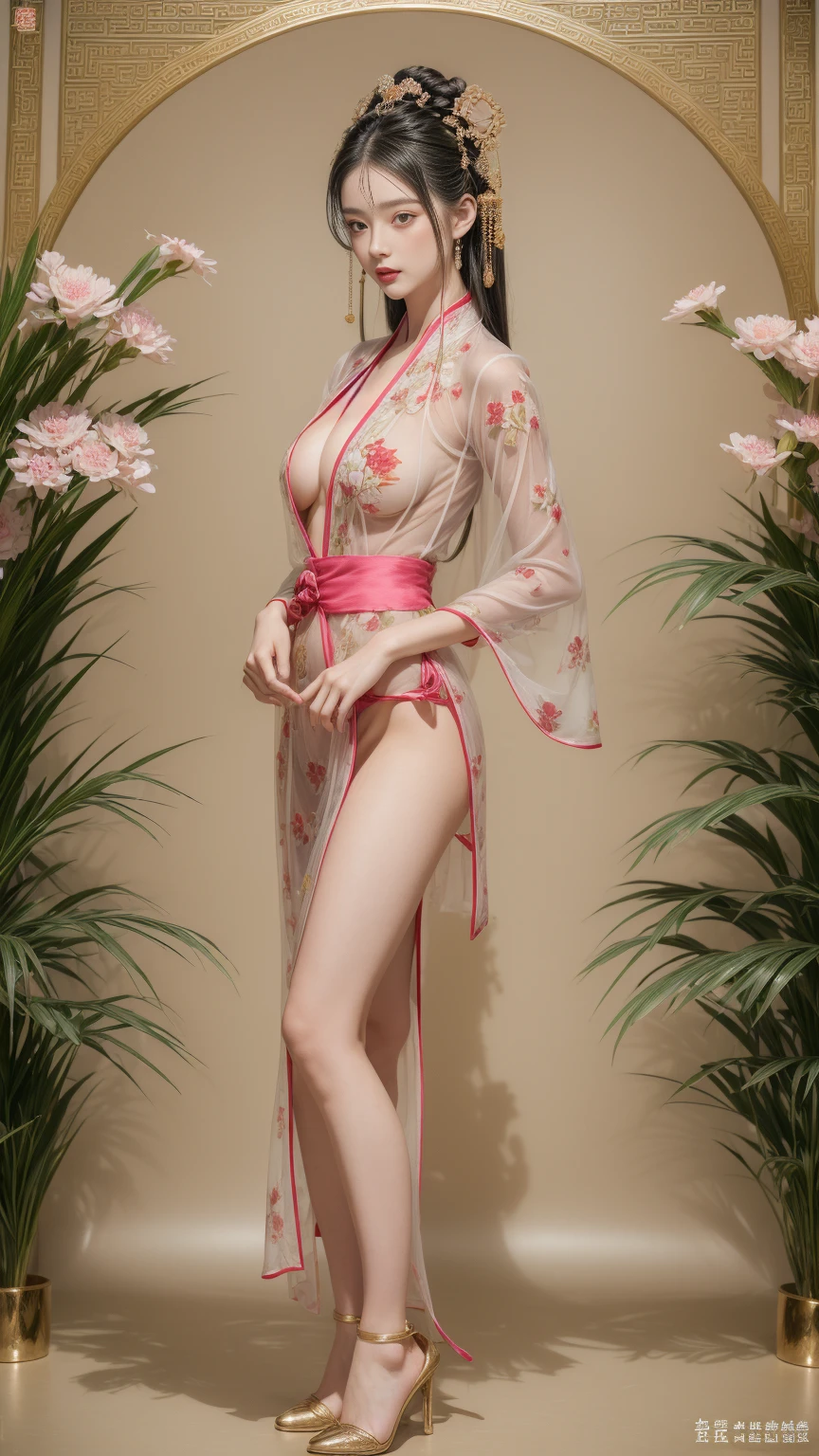 a girl,fashion model 20 years old ,Perfect skin,fair skin,(beautiful five fingers),(big breasts),(Siamese transparent black silk),,Keep your eyes on the camera,Body-oriented camera,A delicate face,Raised sexy,Slim,breast enlargement,hip fat,Show leg length,(full-body shot),The background is a mountain with green trees,flowers,4k ultra high definition, ultra high resolution, (lifelike: 1.4), best quality,masterpiece,(pastel colors:1.2),(Bottom front view 1.8)