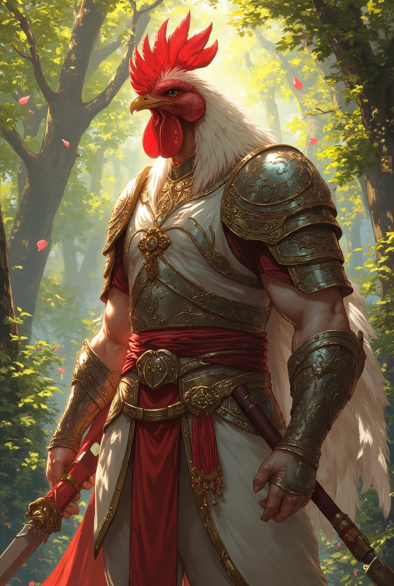 A powerful anthropomorphic rooster warrior standing tall in a sunlit forest, exuding strength and honor. His red comb and sharp eyes reflect his fierce yet disciplined nature. He wears intricately designed armor with a blend of Eastern and medieval aesthetics, featuring metal pauldrons with engraved details, a white tunic, and red sashes tied around his waist and arms. Golden ornamental knots and tassels adorn his outfit, symbolizing prestige and warrior tradition. His muscular, feathered arms are wrapped in protective gauntlets, and his clawed hands grip the hilt of a sheathed sword, hinting at his readiness for battle.
The soft sunlight filtering through the trees creates a dappled effect on his armor, casting warm highlights and shadows that enhance the depth and texture of the scene. The surrounding lush green foliage sways gently, with a few petals or leaves drifting in the breeze, adding to the serene yet powerful atmosphere. His large tail feathers extend gracefully behind him, emphasizing his noble and imposing presence. oil painting, masterpiece, shadows, expert, insanely detailed, 4k resolution,