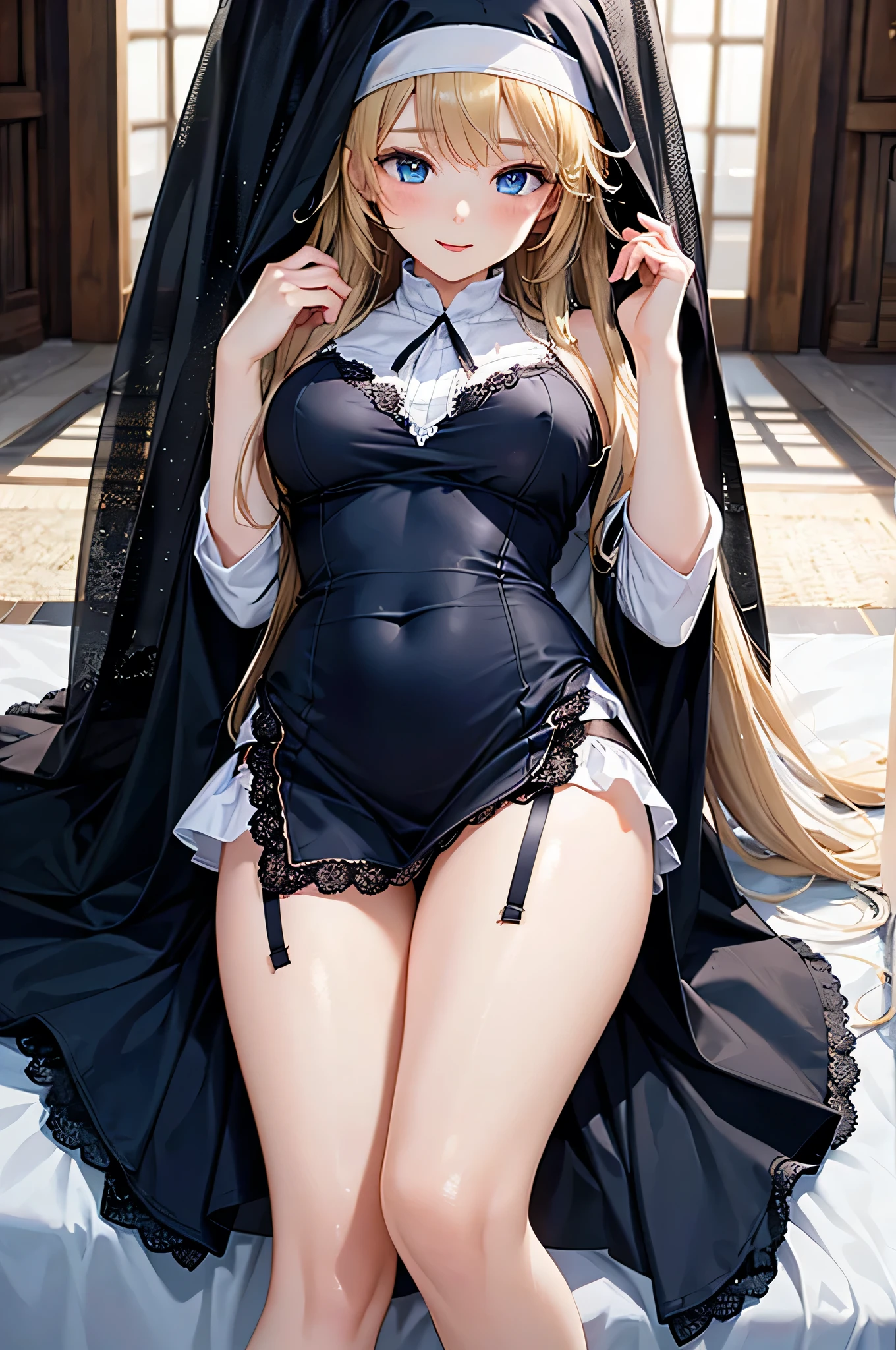((highest quality、High resolution、Highly detailed CG Unity 8K wallpaper))、detailed face、perfect body、unparalleled beauty、blonde、beautiful breasts、Embarrassing erotic smile、maid、((She lifts up her skirt and shows her panties、I&#39;m seducing you))