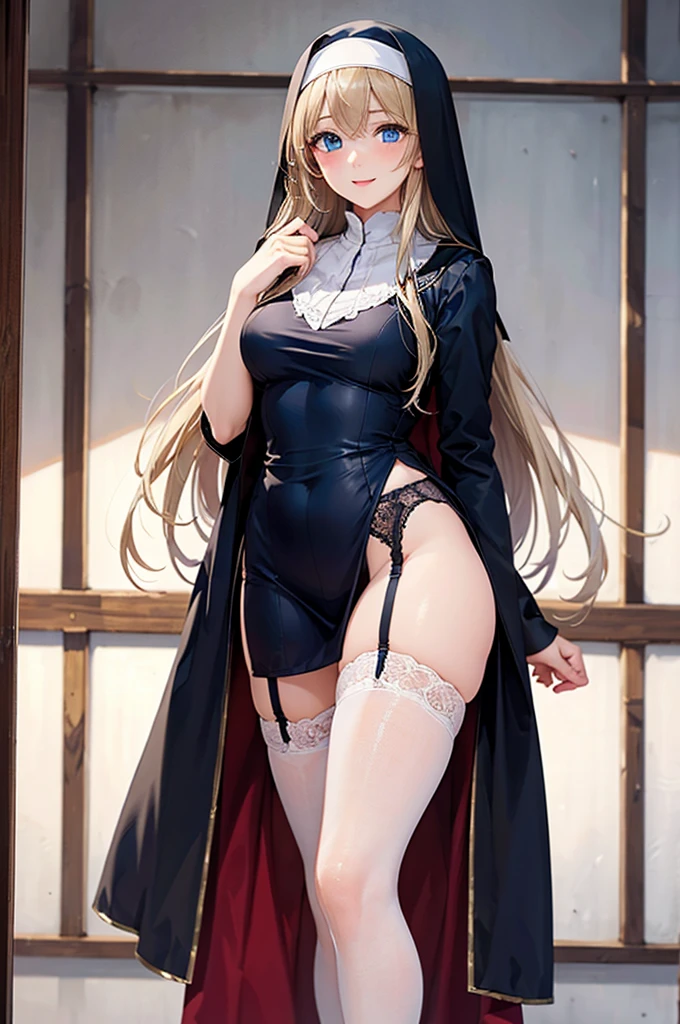girl,Big breasts,black stockings,no shoes,Married woman,white hair,stand,High heel,Hold your chest